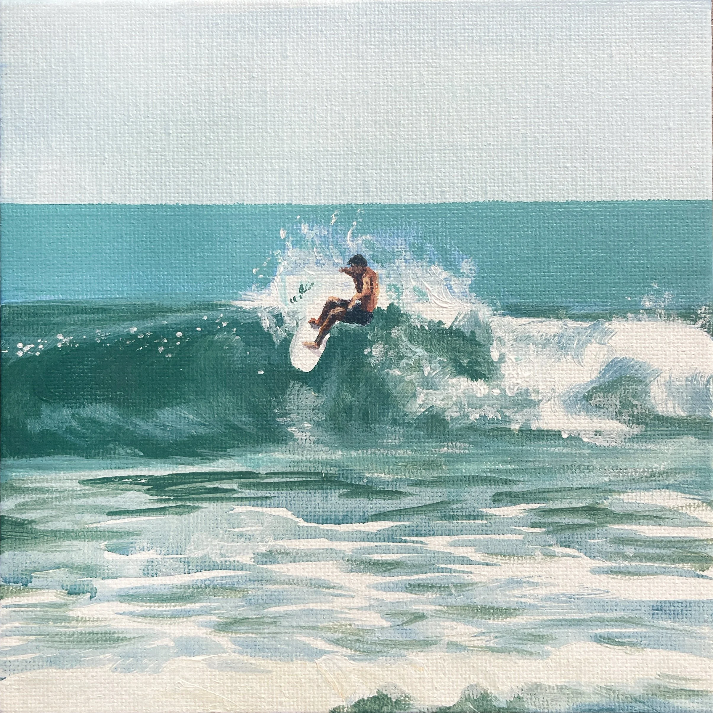 Original acrylic of surfing boyfriend. 6"x6". 2024.