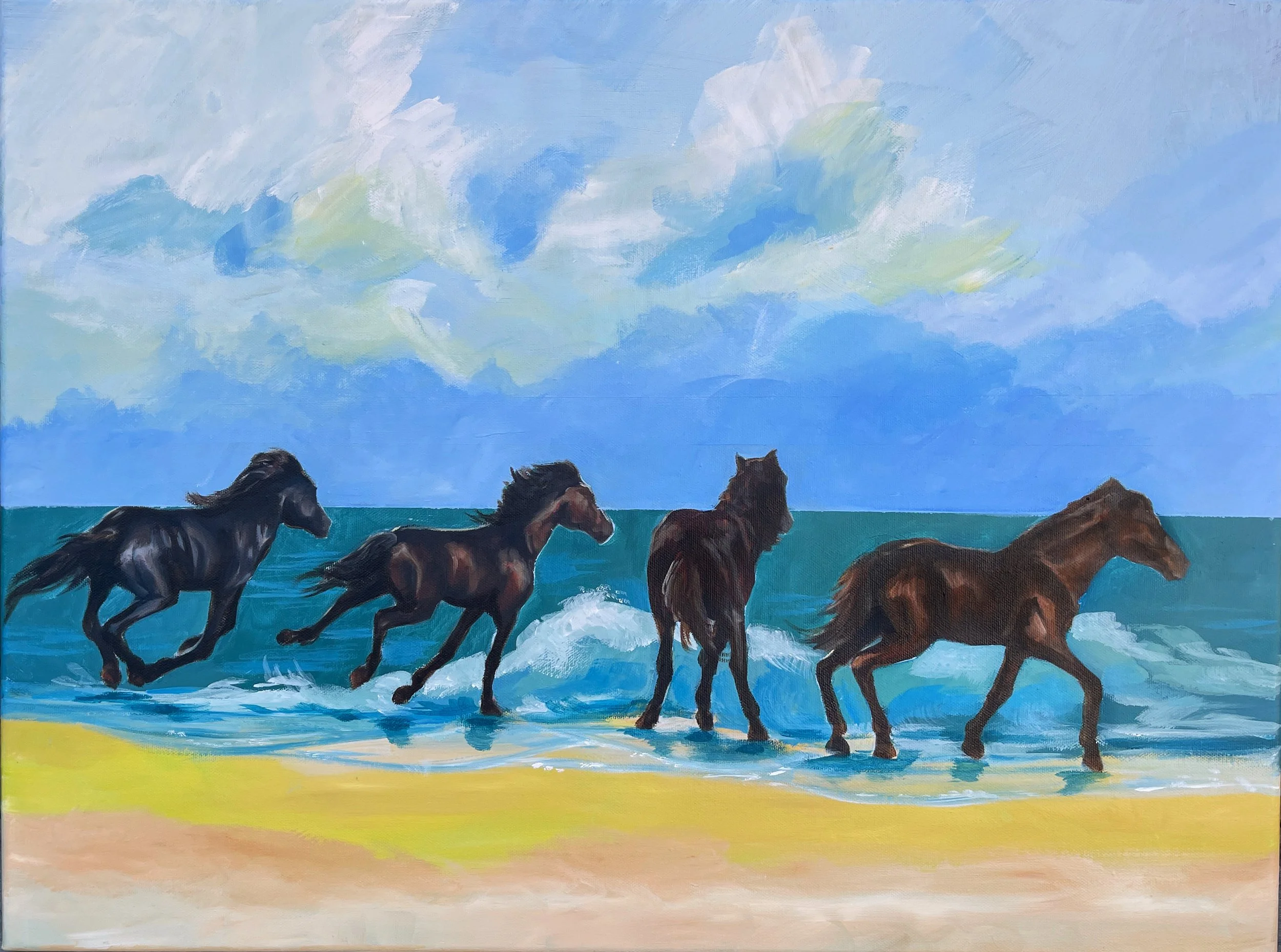 "Freedom". 18"x24" Acrylic and Oil on Canvas. For the Corolla Wild Horse Fund. 2026.