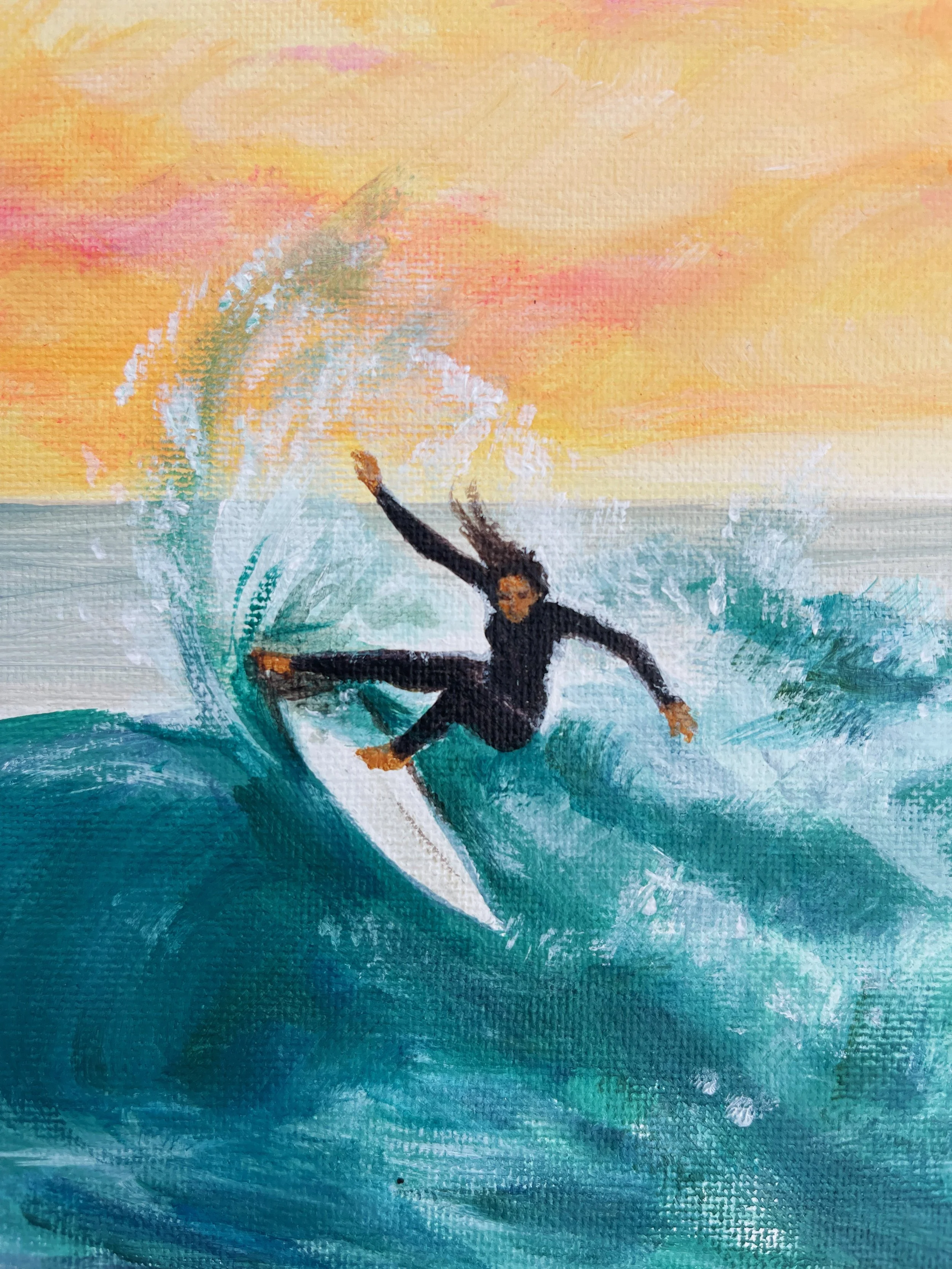"Surfer Girl". 6"x6" Acrylic on Canvas. 2023.
