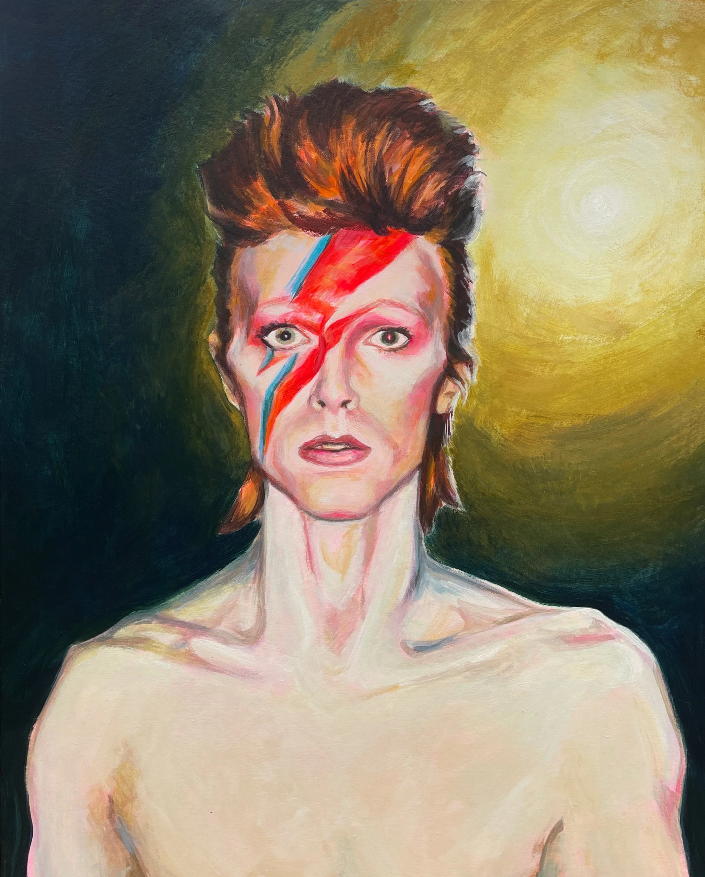 David Bowie. 24"x36" Acrylic on Canvas, painted live in 5 hours at Thrift World Expo Fall 2025. Raffled to a lucky winner!