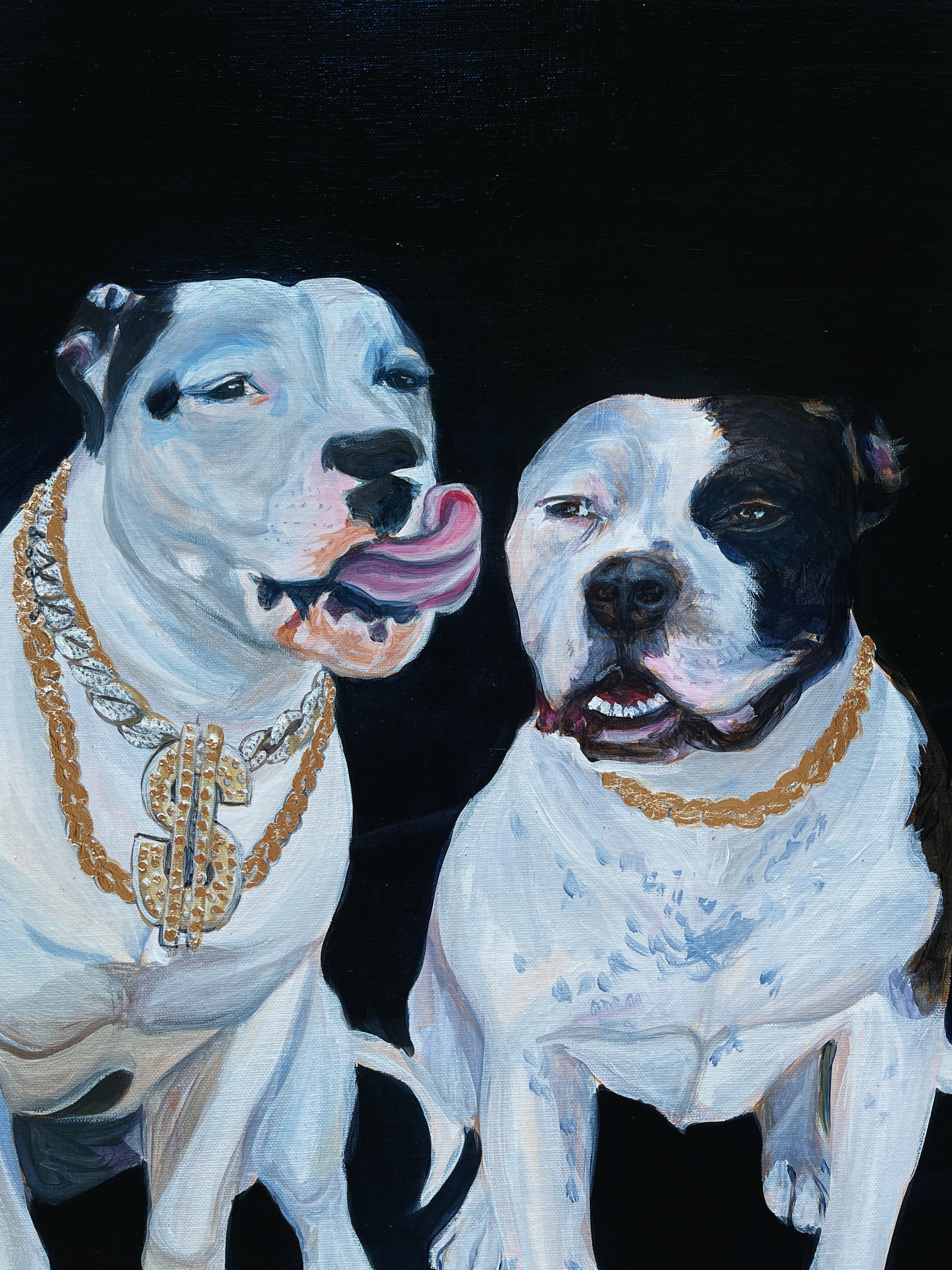 Original acrylic, 16"x20", custom dog portrait with gold flake details. 2024.