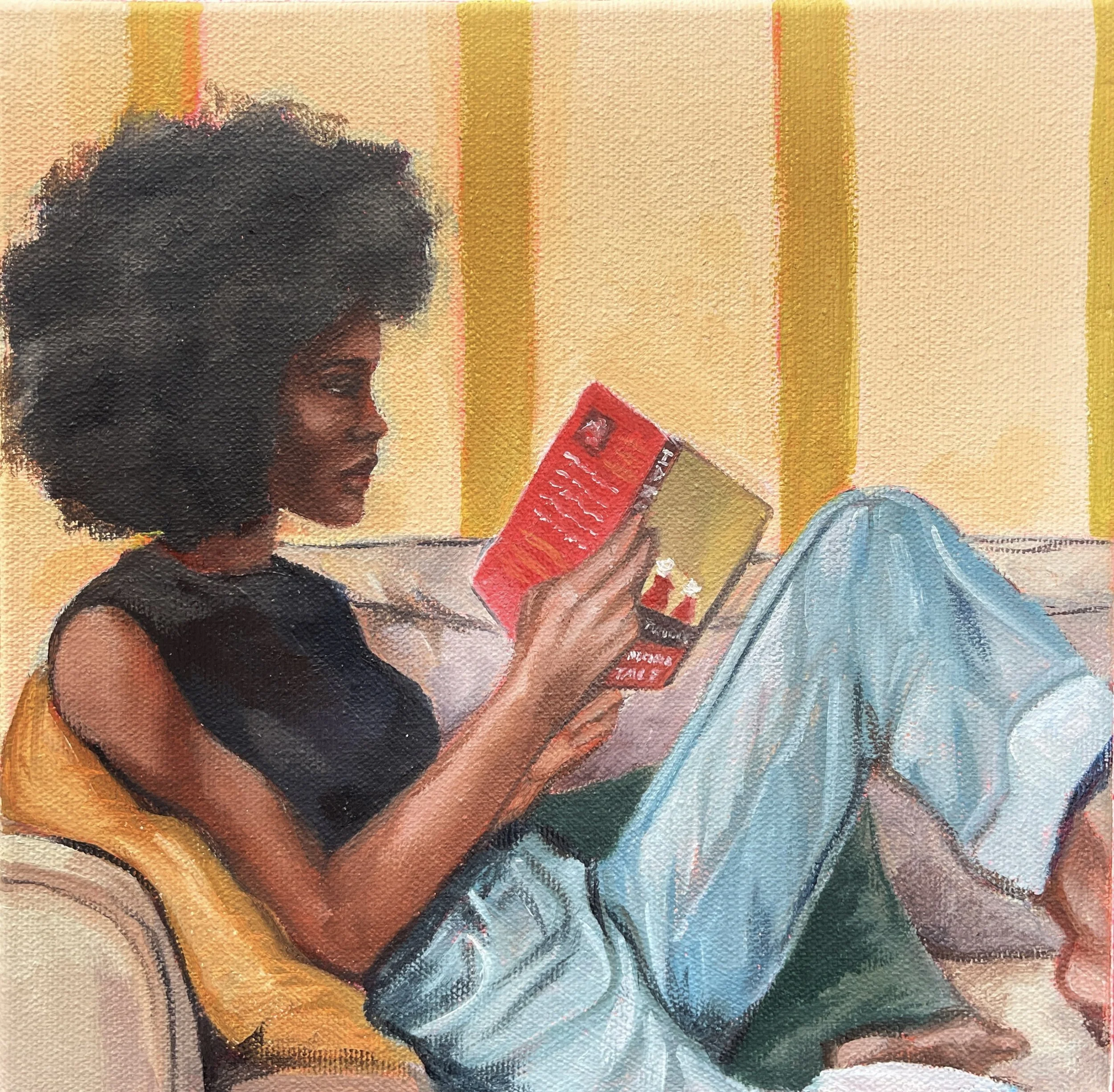 "Banned Book Club". 8"x8" Acrylic and Oil on canvas, for the Mighty Minis Gallery Show at the Creative Well Arts in Virginia Beach. 2025.