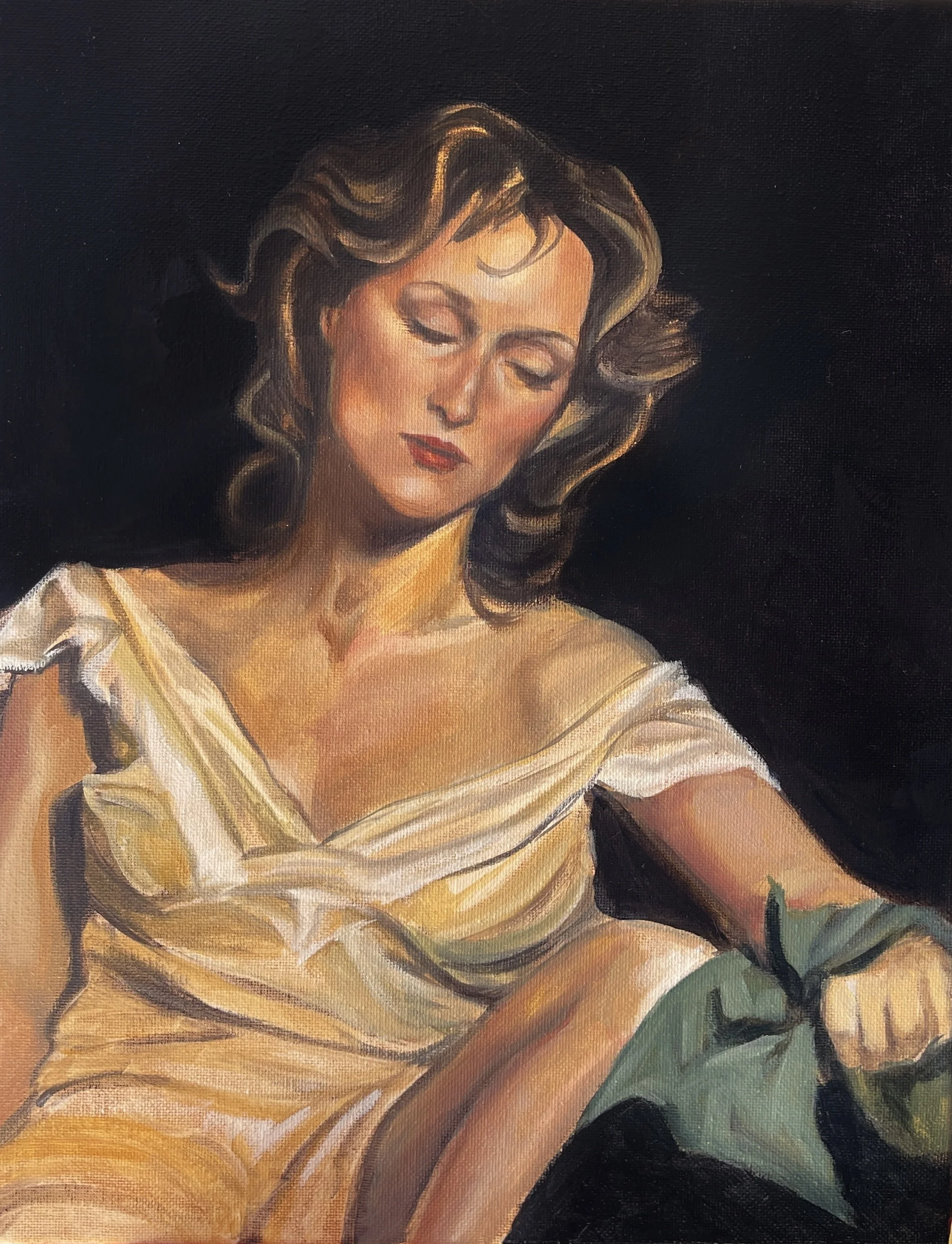 Meryl Streep or Resting Woman. 11"x14" Acrylic and Oil on canvas. Featured in the Frank Stick Gallery Show at Dare Arts Gallery in Manteo, NC. 2026.