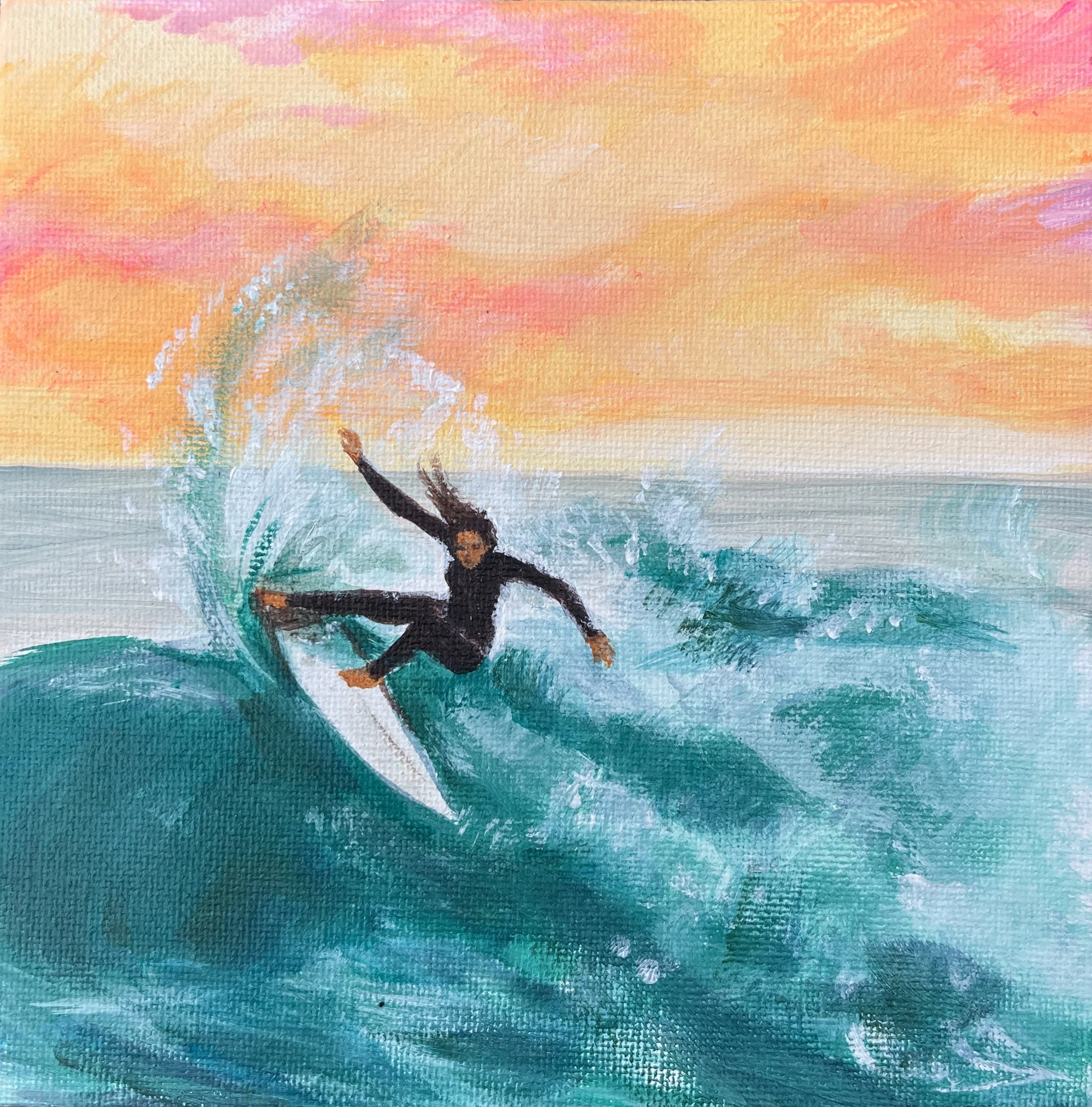 Original acrylic, Surfer girl, 6"x6", 2024.
