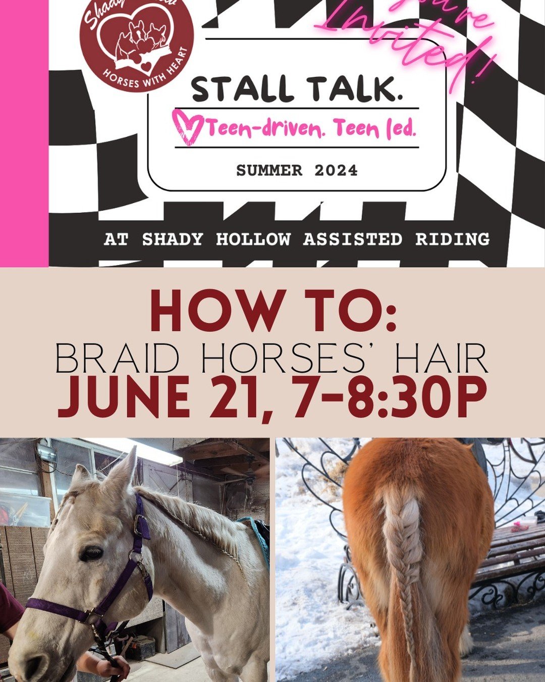 The first Stall Talk of the year is coming up on June 21st from 7-8:30pm!

Ages 11-17 - Teen created and led

hugahorse.com to register!

#horsebraids #hugahorse