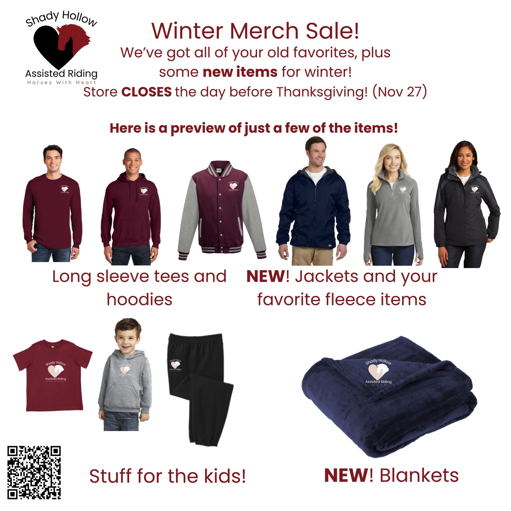 LAST CALL FOR OUR SEMI-ANNUAL CLOTHING/MERCH SALE!!

The clothing items you have come to know and love (our classic maroon t-shirts) as well as some fun new additions (jackets and blankets to stay cozy, anyone??) are only available to order through T