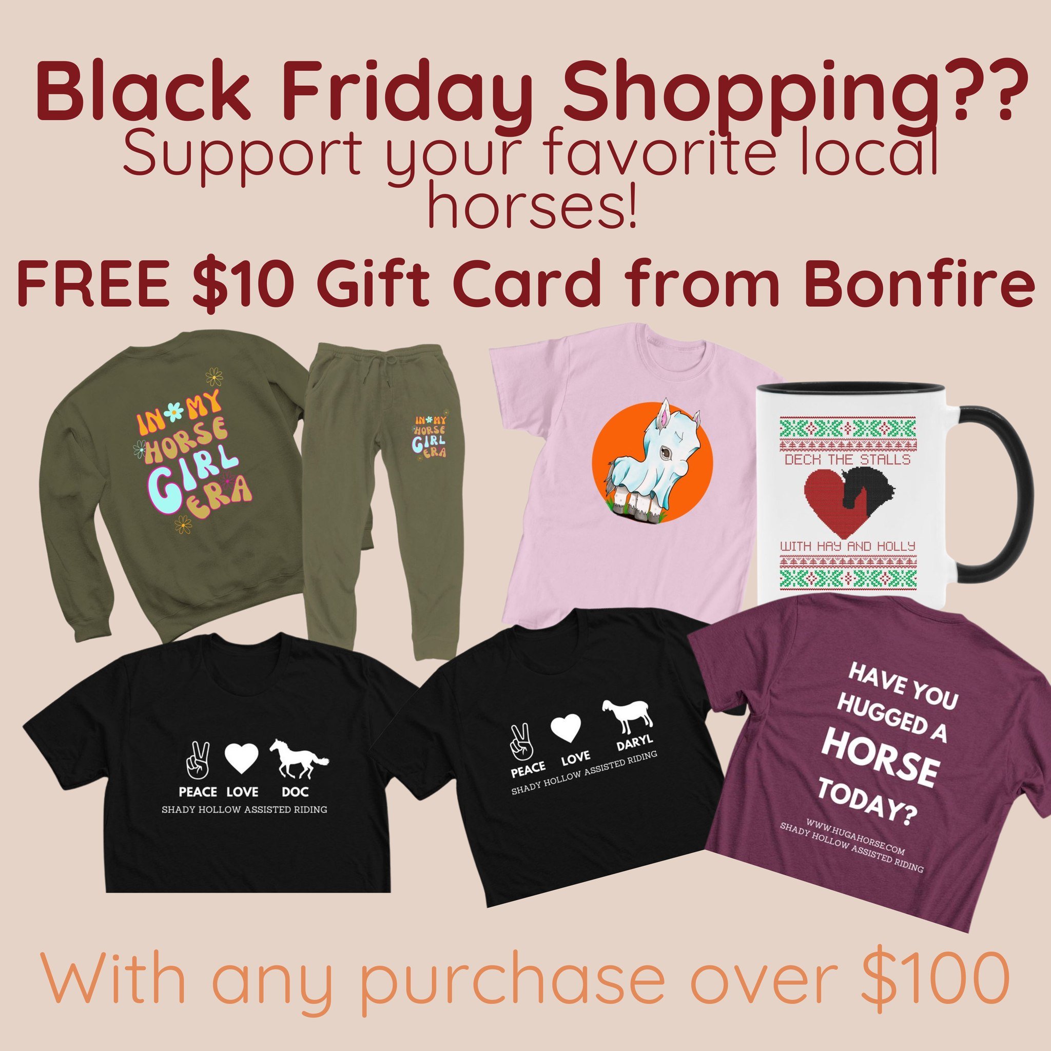 #BlackFriday shopping?? Support your favorite local horses over here at Shady Hollow! Bonfire, our fundraising platform that hosts our custom merch, is giving away FREE $10 gift cards with all orders over $100!

Visit the link here, or check out the 