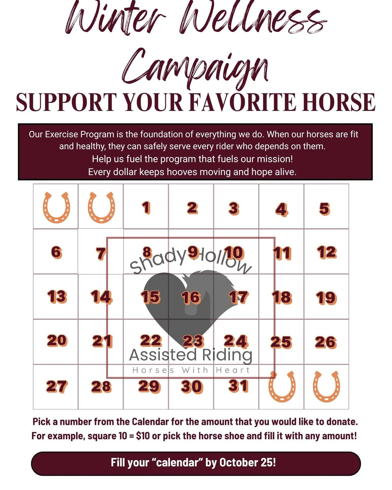 We're launching the Winter Welfare Campaign, a super easy fundraiser to raise money for their winter needs.
Here&rsquo;s how it works:
Each horse has a fundraising calendar.
Just ask friends, family, and coworkers to purchase a date on the calendar.
