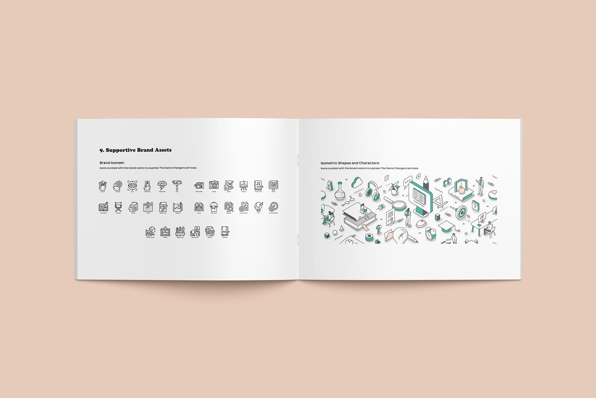 Open magazine spread with two pages; left page shows black icons representing brand assets, right page features isometric illustrations of office and technology elements, with text.