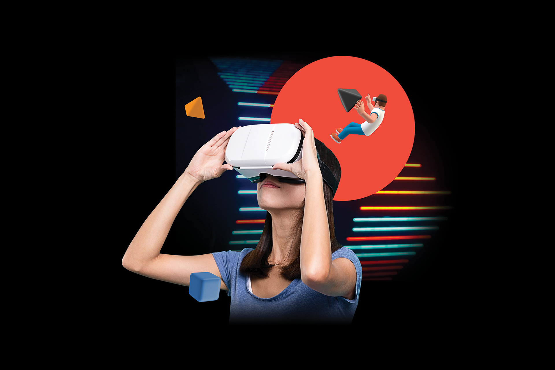Woman wearing virtual reality headset in front of digital backgrounds with abstract shapes and graphics.
