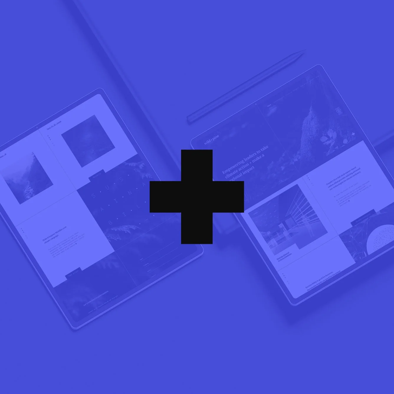 Two tablets displaying digital pages and a stylus on a blue background with a black plus sign overlay.