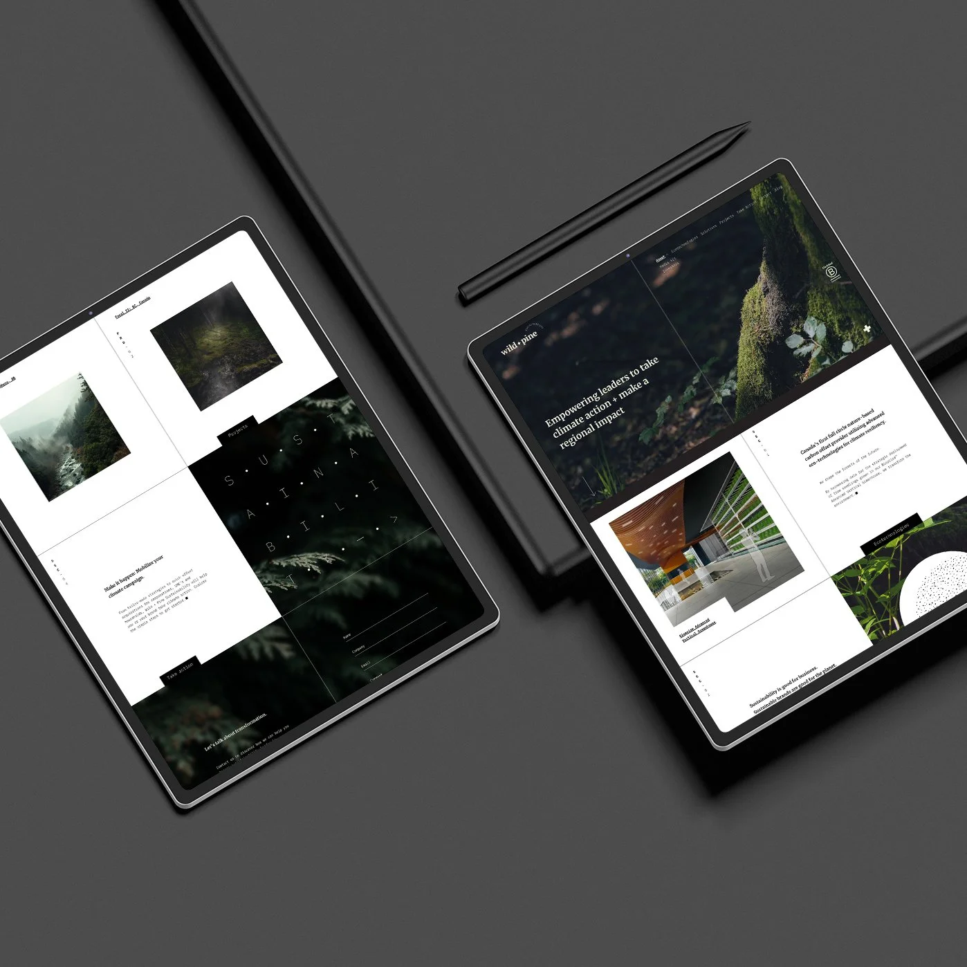 Two digital tablets on a dark surface displaying nature-themed graphic designs with text and images. One tablet has a stylus nearby.