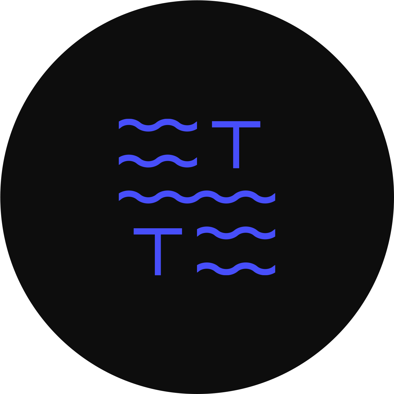 Black circle with blue wavy lines and letter T