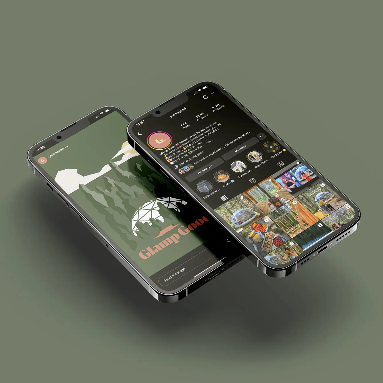Two smartphones on a green background showing camping-themed content on Instagram, with one displaying a profile and the other an image of a geodesic dome in nature with the text 'Glamp Good.'