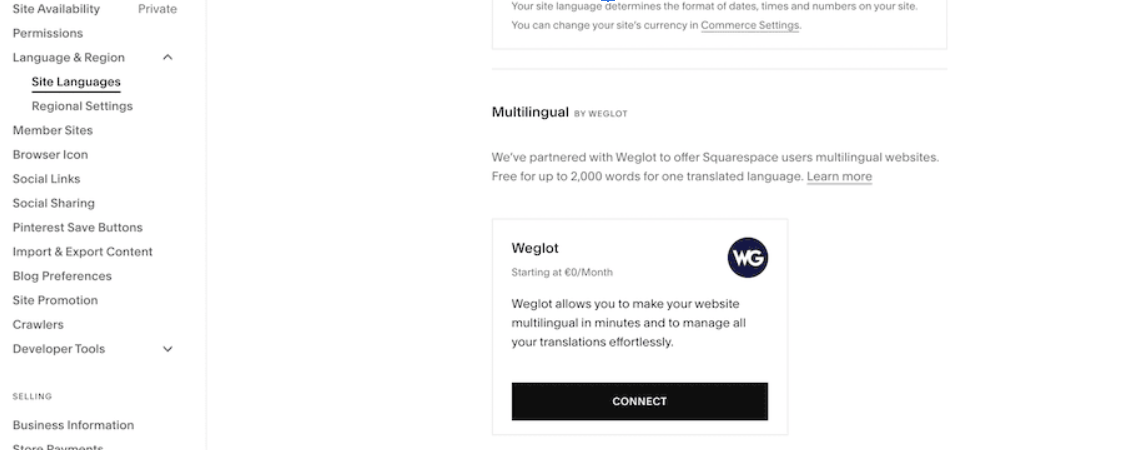 Squarespace’s Site Languages screen showing the Weglot extension