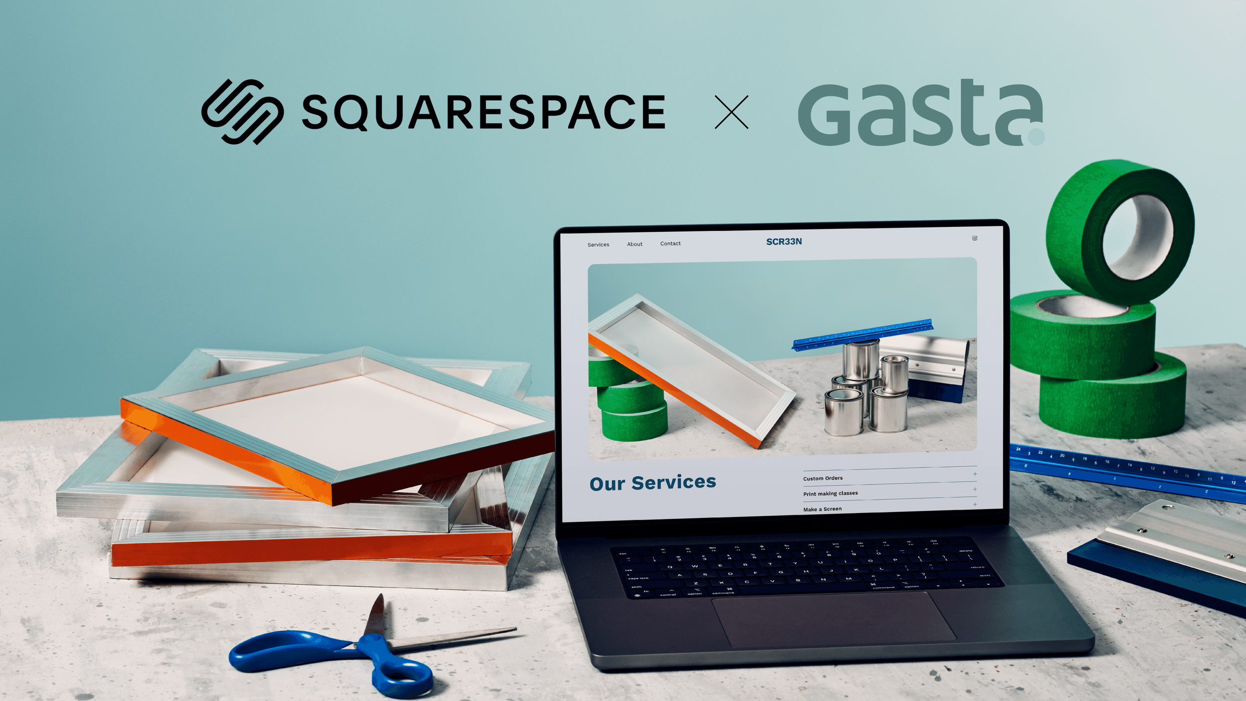 Squarespace logo and Gasta logo with laptop surrounded by construction materials