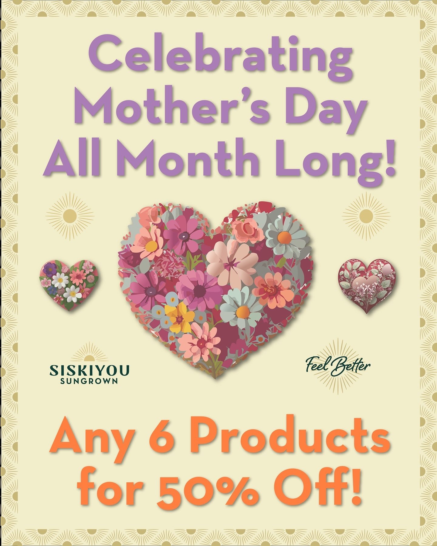 We are celebrating 💚Mother&rsquo;s Day❤️ all month long with 50% off any six products at siskiyousungrownhemp.com‼️

Truly full spectrum hemp CBD products crafted to help you feel better!

#MothersDay #Sale #HalfOff #HealthAndWellness #Hemp #CBD #Si