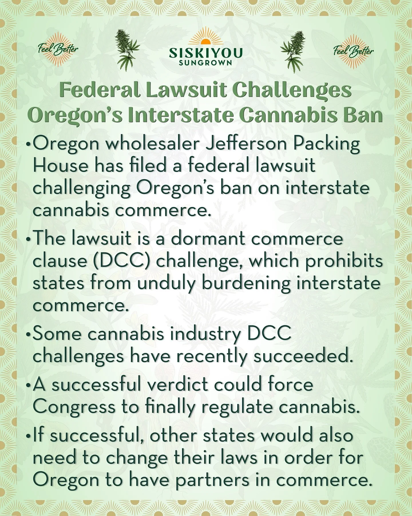 Federal Lawsuit Challenges Oregon&rsquo;s Interstate Cannabis Ban

Oregon wholesaler Jefferson Packing House has filed a federal lawsuit challenging Oregon&rsquo;s ban on interstate cannabis commerce.

The lawsuit is a dormant commerce clause (DCC) c