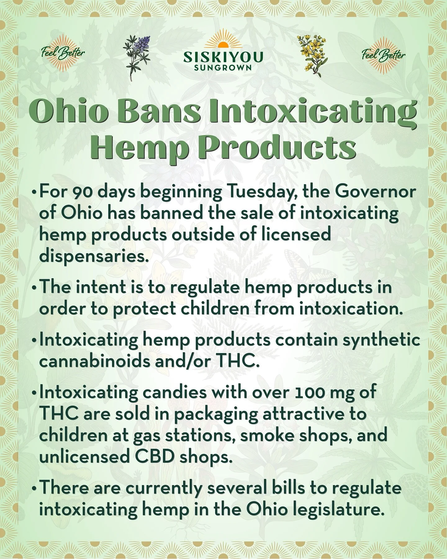 Ohio Bans Intoxicating Hemp Products

For 90 days starting Tuesday, the Governor of Ohio has banned the sale of intoxicating hemp products outside of licensed dispensaries.

His stated intent is to regulate hemp products in order to protect children 