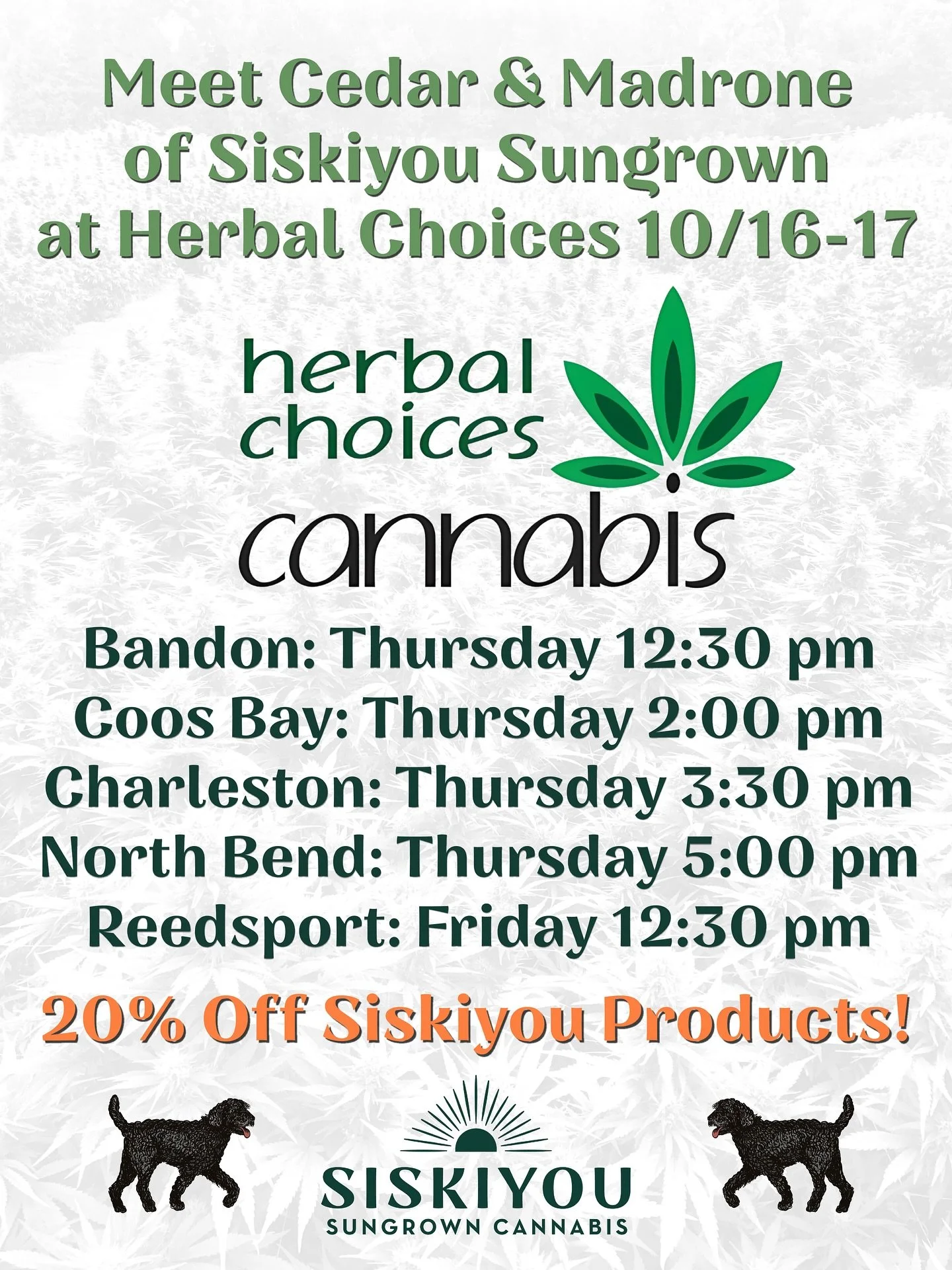 Please join Cedar &amp; Madrone at all five Herbal Choices locations this Thursday and Friday. 20% off all Siskiyou Sungrown products, plus swag, education, and Rocky!

#HerbalChoices #Bandon #Charleston #CoosBay #NorthBend #Reedsport #RockyDog #Sisk