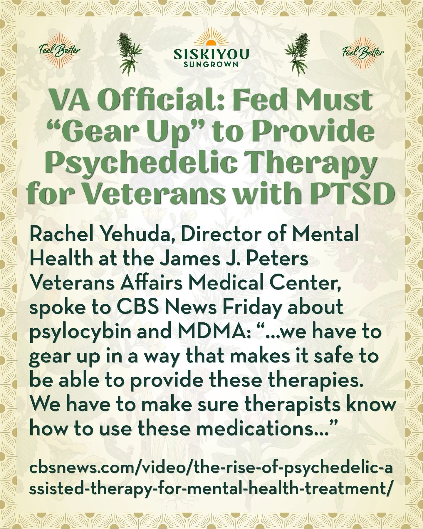 VA Official: Fed Must &ldquo;Gear Up&rdquo; to Provide Psychedelic Therapy for Veterans with PTSD

Rachel Yehuda, director of mental health at the James J. Peters Veterans Affairs Medical Center, spoke to CBS News last week about psylocybin and MDMA: