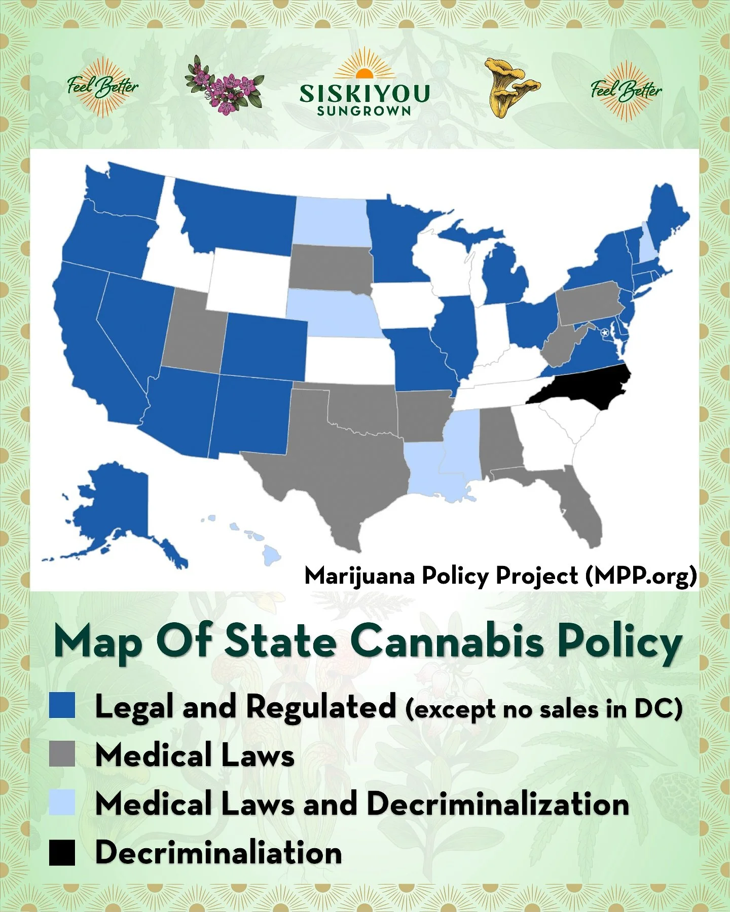 40 of the 50 US states now regulate cannabis, with over half having full legalization of adult use cannabis. Only 10 states have failed to regulate cannabis thus far. This map provided by Marijuana Policy Project (MPP.org) shows the general policy in