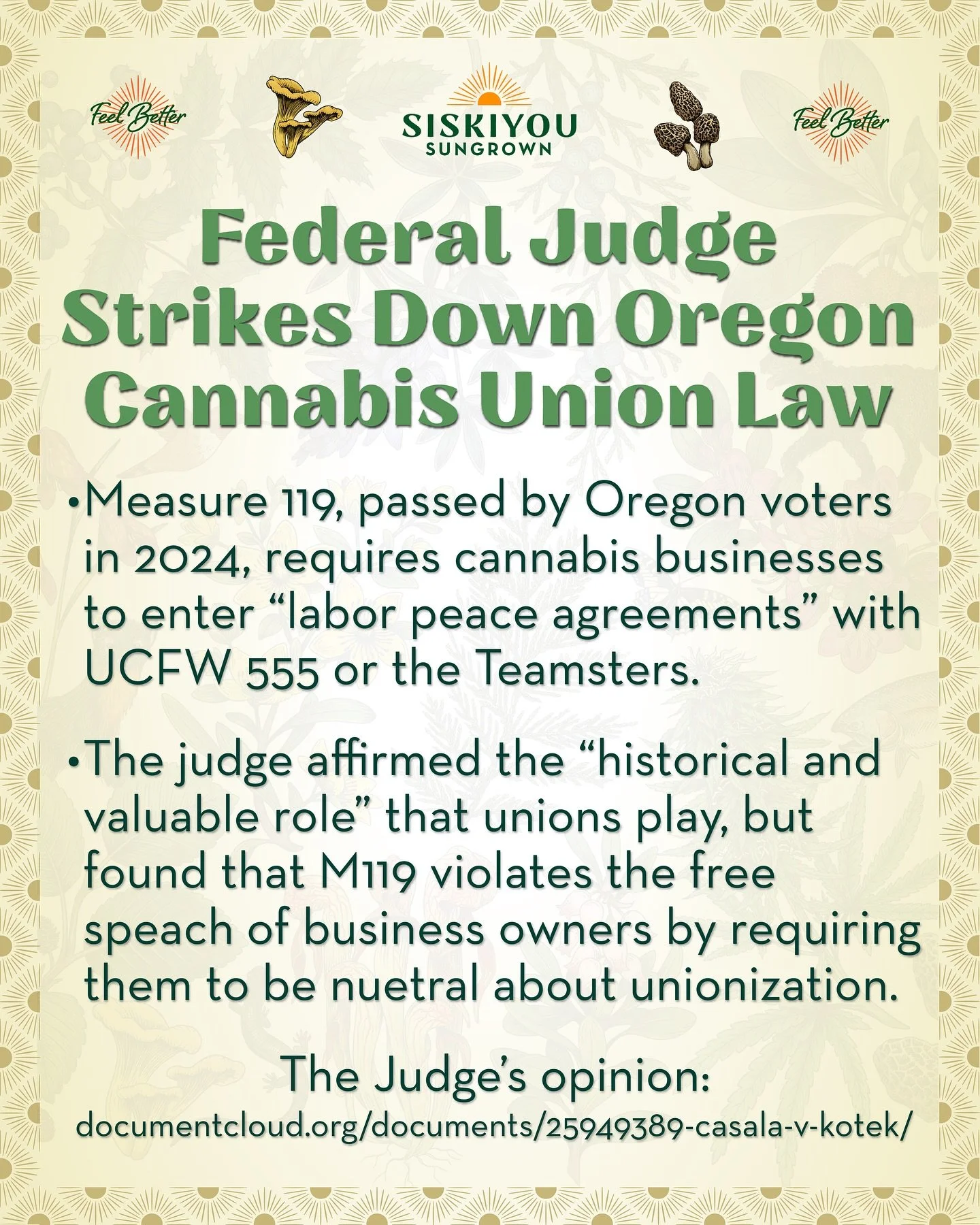 Federal Judge Strikes Down Oregon Cannabis Union Law
Measure 119, passed by Oregon voters in 2024, requires cannabis businesses to enter “labor peace agreements” with UCFW 555 or the Teamsters.
The judge affirmed the “historical a