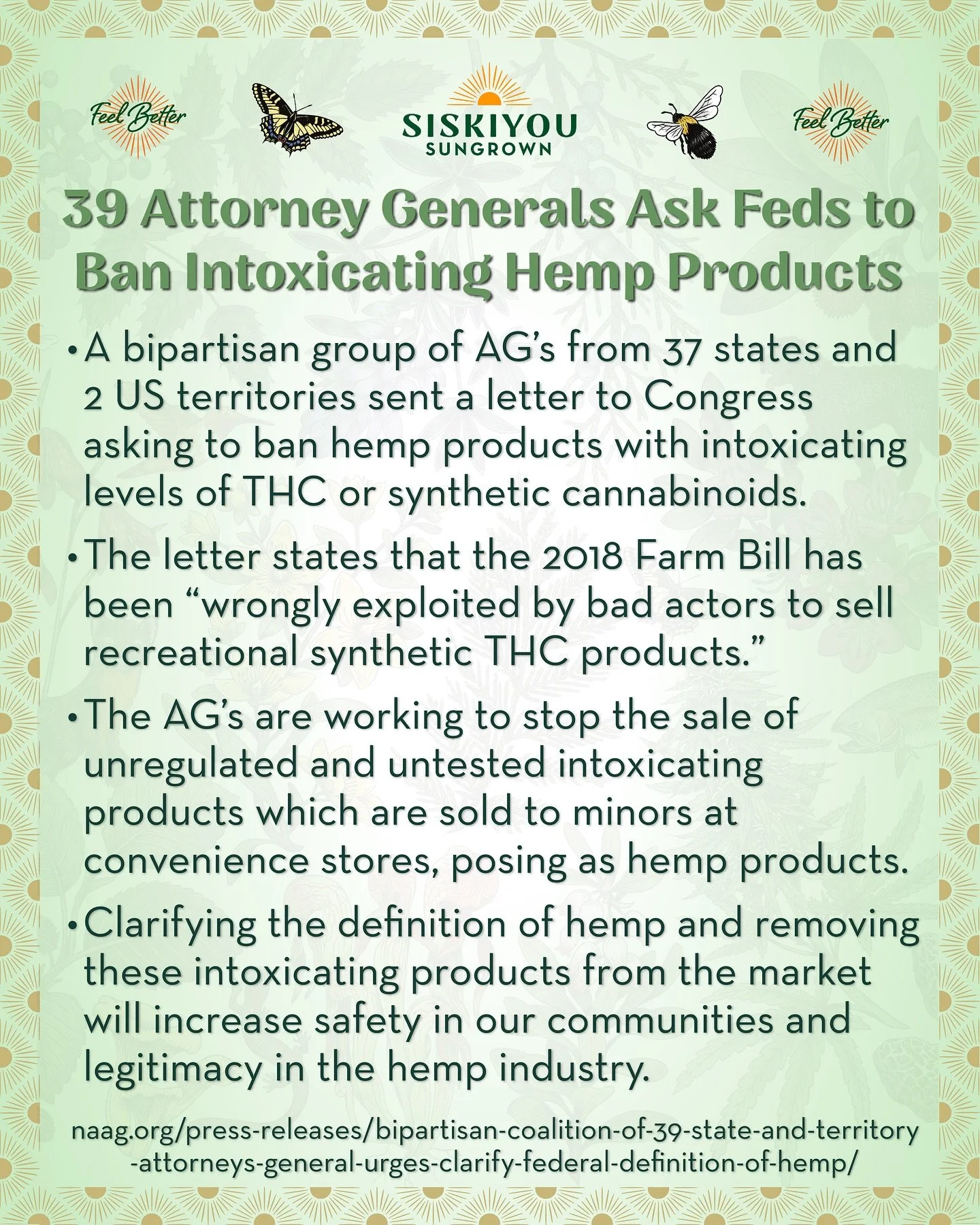 39 Attorney Generals Ask Feds to Ban Intoxicating Hemp Products

A bipartisan group of attorney generals from 37 states and 2 US territories sent a letter to Congress asking to ban hemp products with intoxicating levels of THC or synthetic cannabinoi
