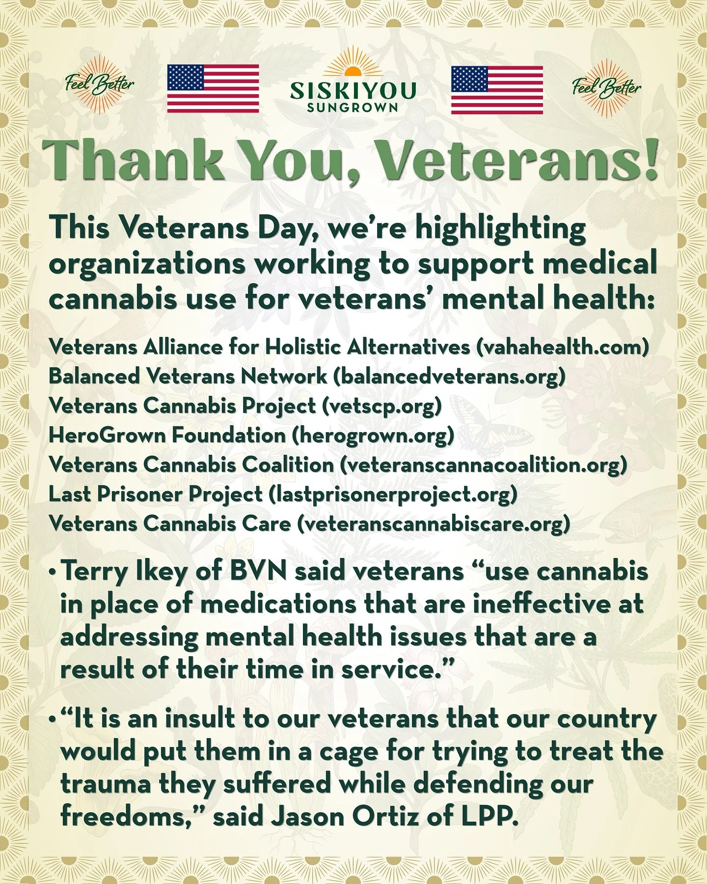 Thank You, Veterans!

This Veterans Day, we&rsquo;re highlighting organizations working to support medical cannabis use for veterans&rsquo; mental health:

Veterans Alliance for Holistic Alternatives &mdash; vahahealth.com
Balanced Veterans Network &