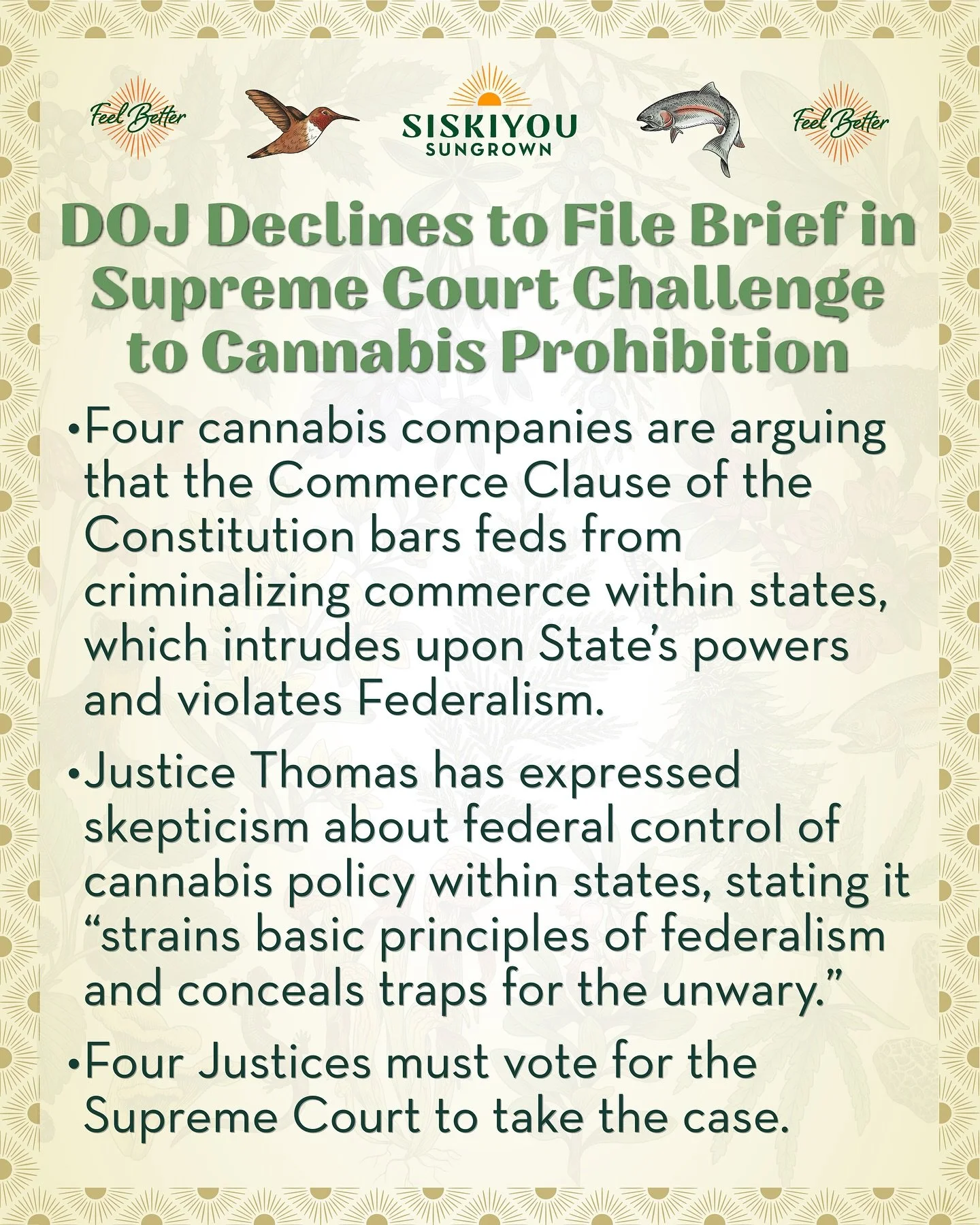 DOJ Declines to File Brief in Supreme Court Challenge to Cannabis Prohibition

&ldquo;The Government hereby waives its right to file a response to the petition in this case, unless requested to do so by the Court.&rdquo;

Four cannabis companies are 