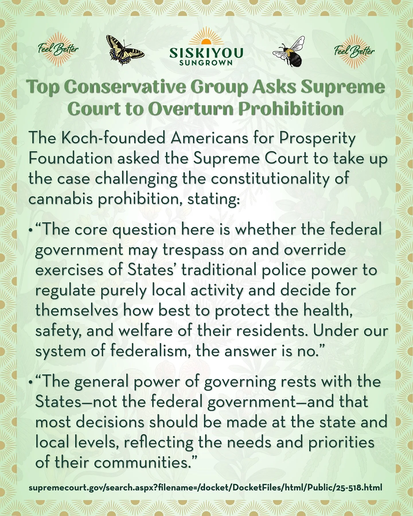 Top Conservative Group Asks Supreme Court to Overturn Prohibition

The Koch-founded Americans for Prosperity Foundation has asked the Supreme Court to take up the case challenging the constitutionality of cannabis prohibition, stating:

&ldquo;The ge