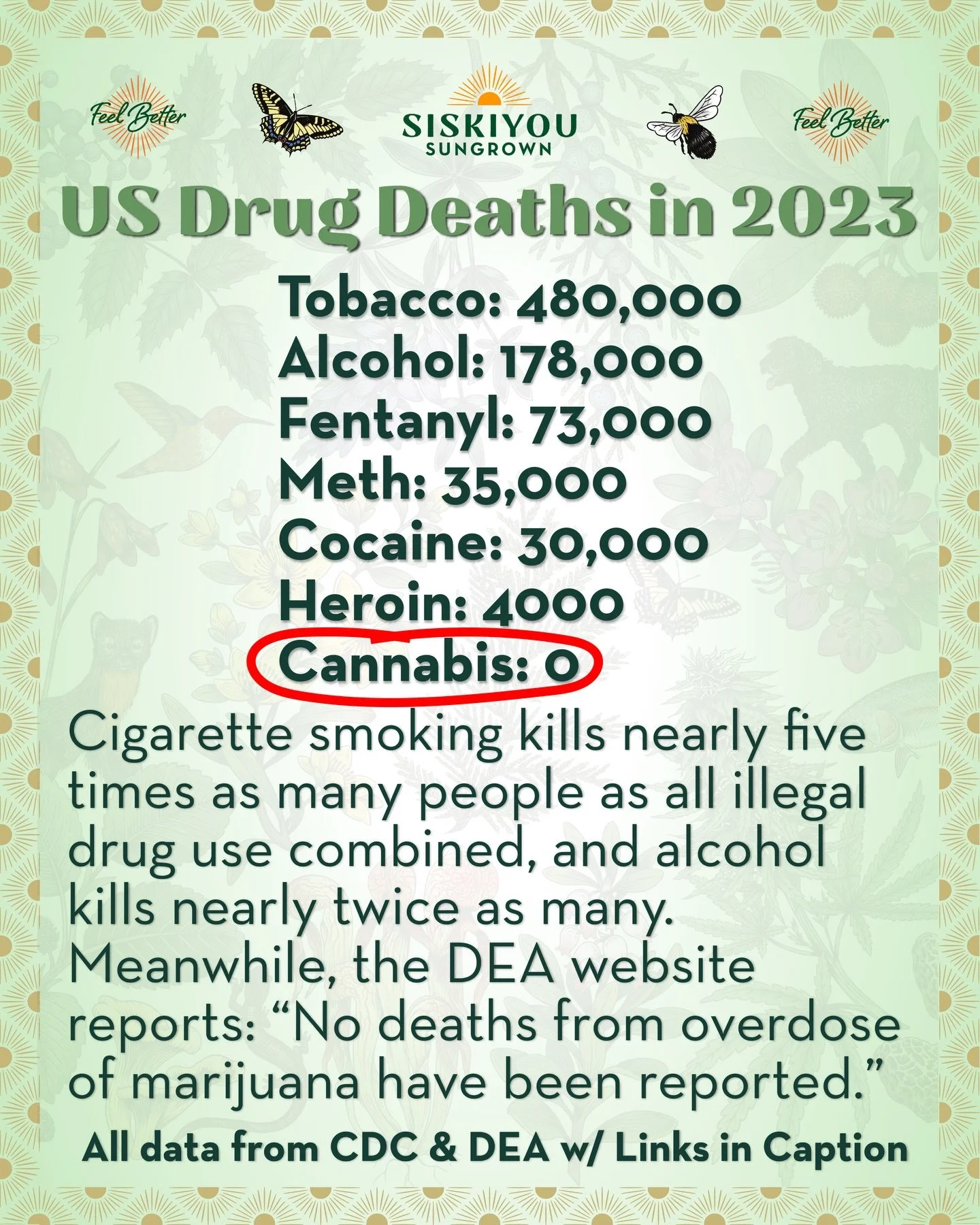 US Deaths from Drug Use in 2023

Tobacco: 480,000
Alcohol: 178,000
Fentanyl: 73,000
Meth: 35,000
Cocaine: 30,000
Heroin: 4000
Cannabis: 0

The CDC has released data for US deaths from drug use in 2023. Cigarette smoking kills nearly five times as man
