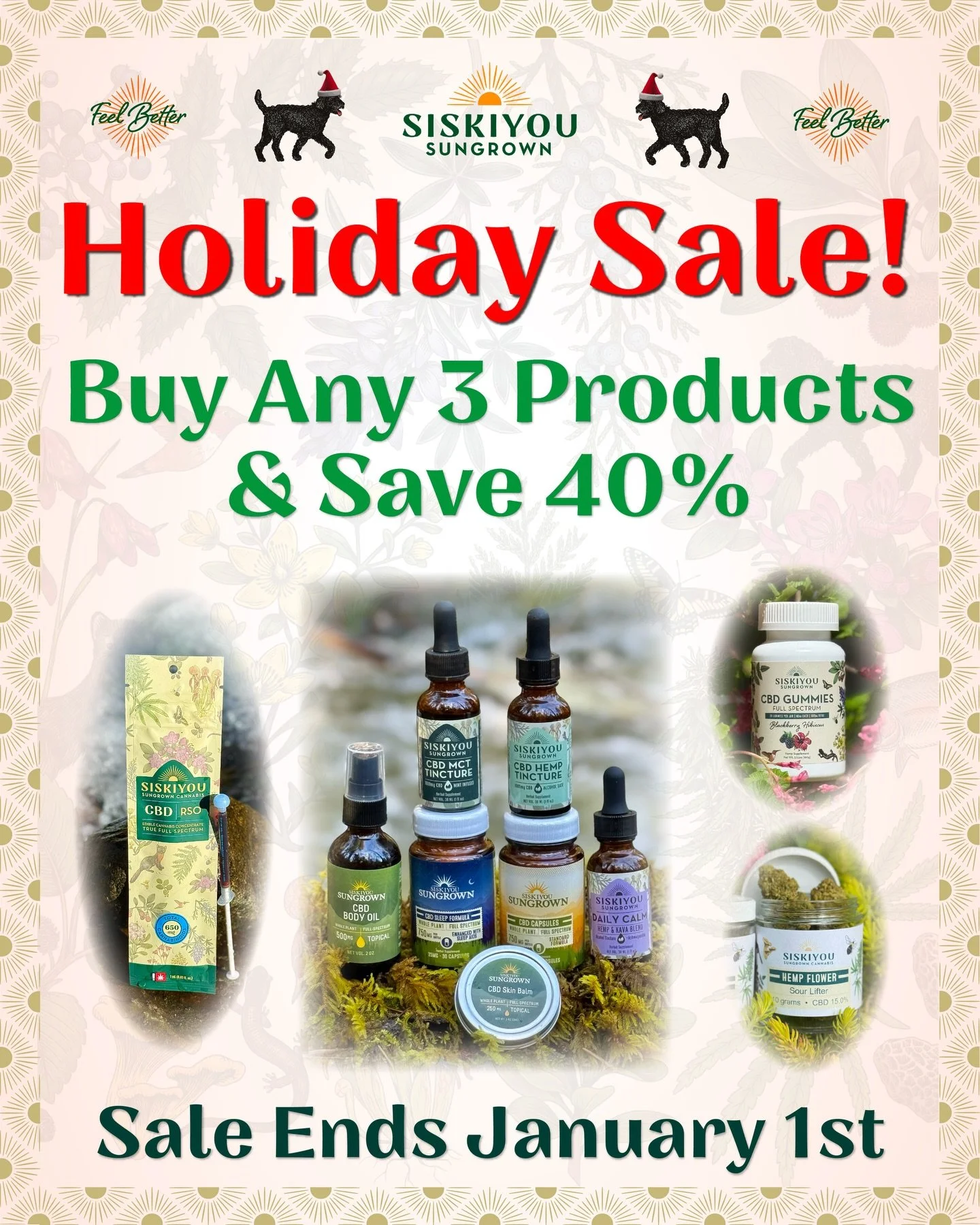 This holiday season, it&rsquo;s easier than ever to give the gift of Feeling Better with our Holiday Sale&hellip; Choose any three products and get 40% off‼️

We&rsquo;ve got True Full Spectrum tinctures, capsules, gummies, RSO, topicals, pet oil, an