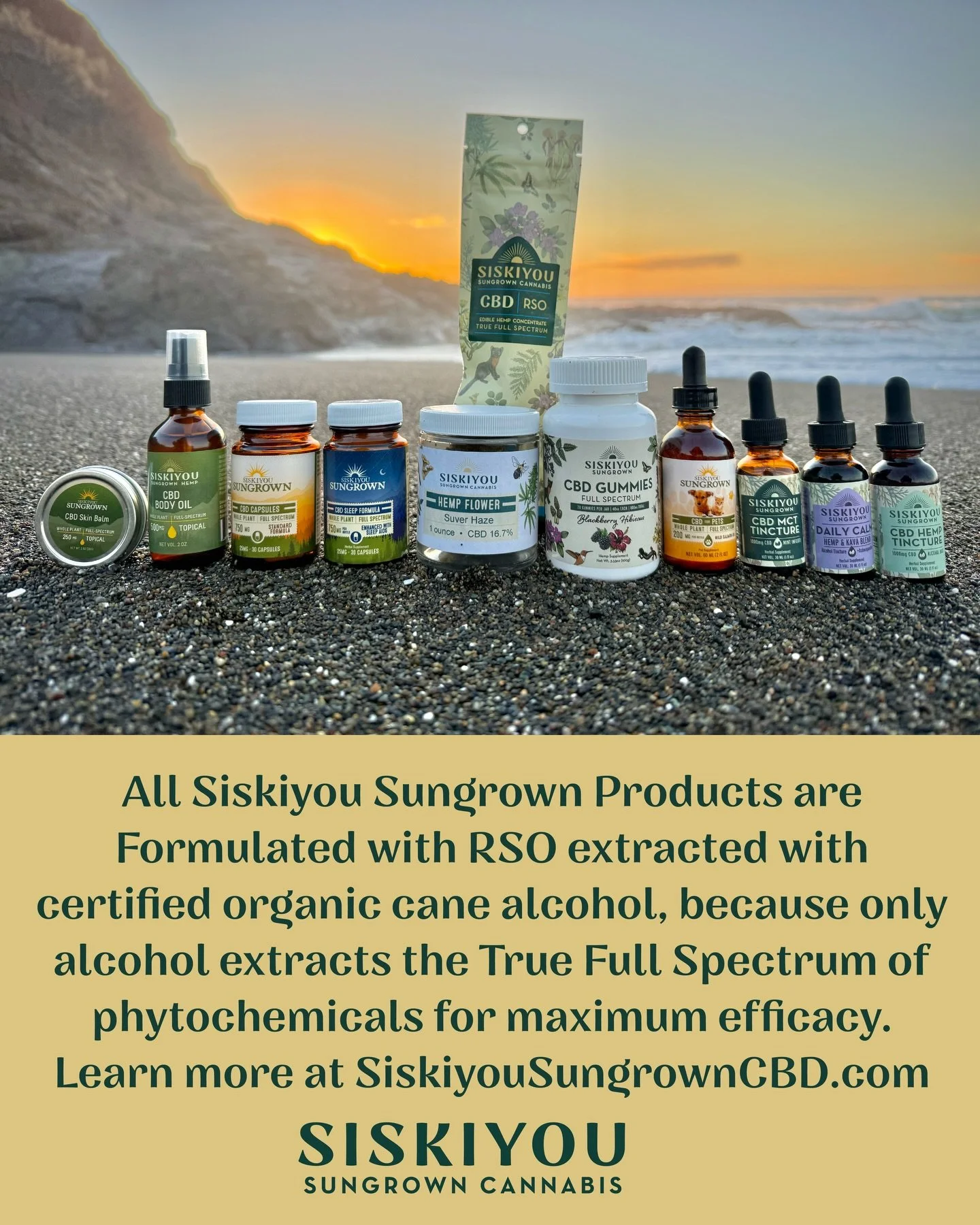 All Siskiyou Sungrown products are formulated with RSO extracted with certified organic cane alcohol. This is because only alcohol extracts the polyphenols, which are some of nature&rsquo;s most medicinal phytochemicals. The most effective cannabis m