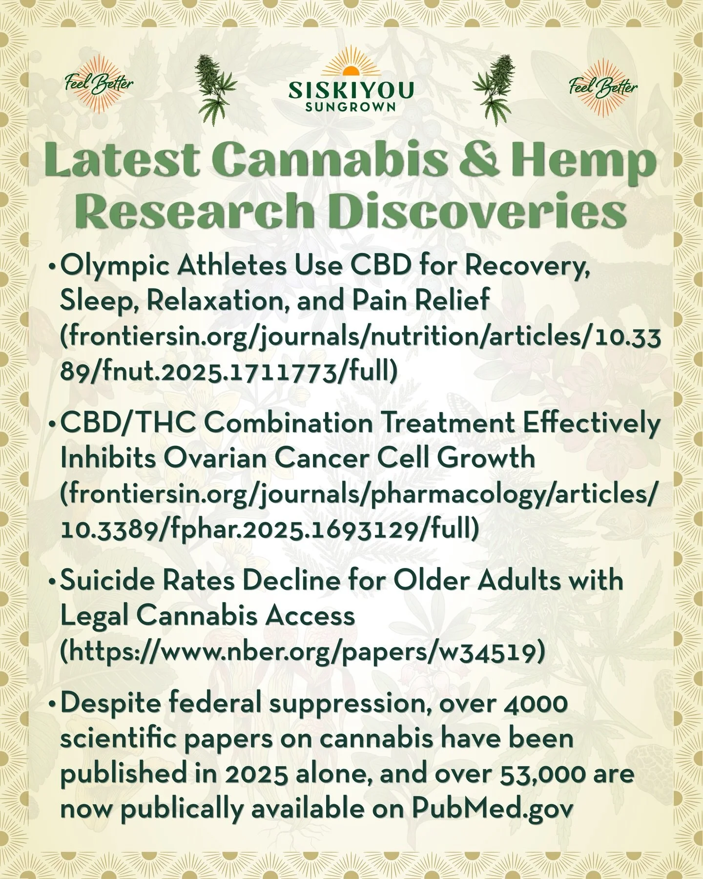 The Latest Research Discoveries in Cannabis &amp; Hemp

Olympic Athletes Use CBD for Recovery, Sleep, Relaxation, and Pain Relief &mdash; (frontiersin.org/journals/nutrition/articles/10.3389/fnut.2025.1711773/full)

CBD/THC Combination Treatment Effe