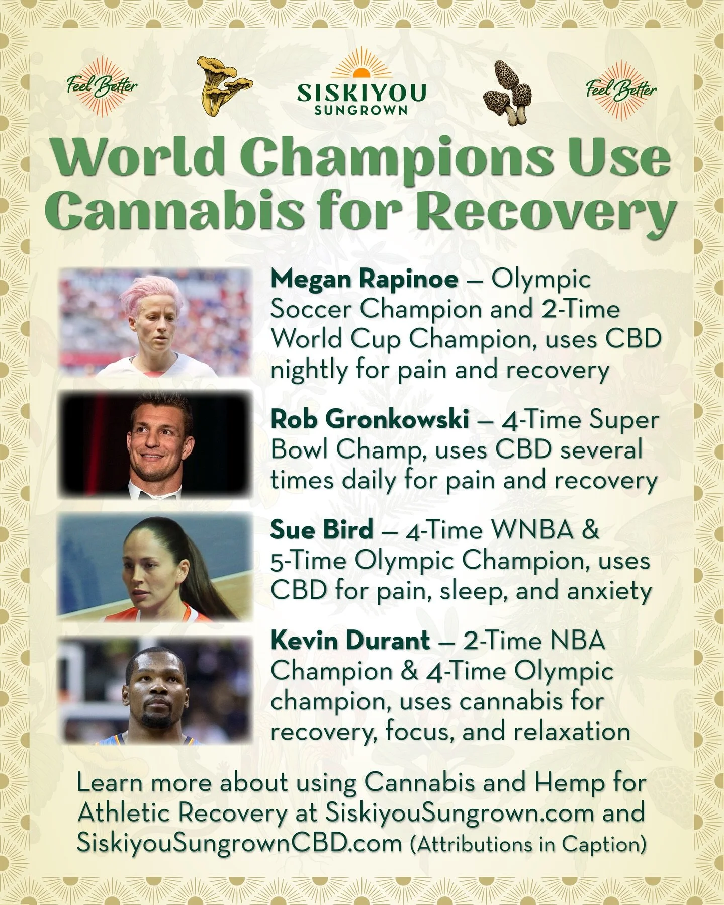 World Champions Use Cannabis for Recovery

These are a few of the world champions who are on record endorsing the benefits of cannabis for athletic recovery:

Megan Rapinoe &mdash; Olympic and 2-Time World Cup Soccer Champion, uses CBD nightly for pa
