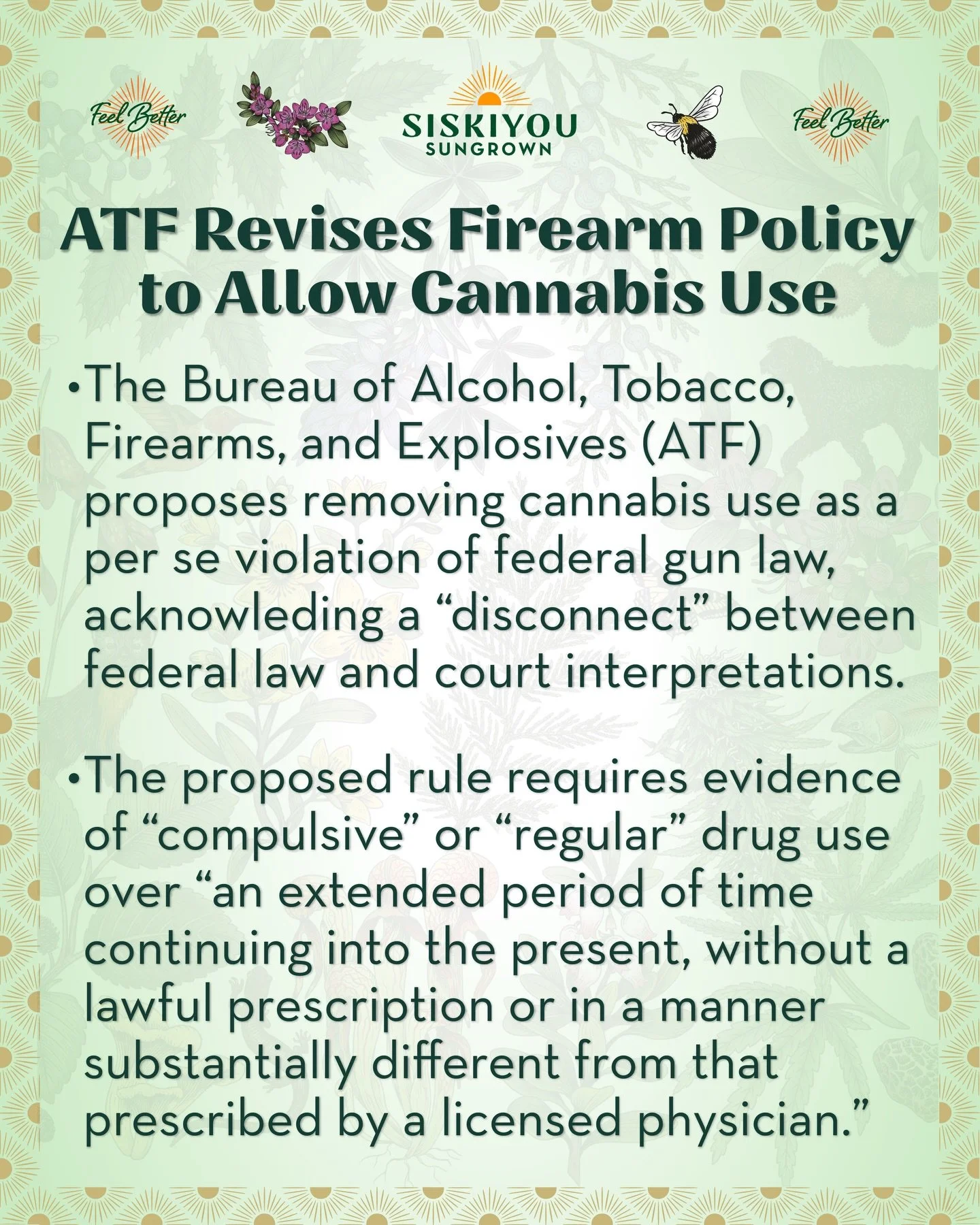 ATF Revises Firearm Policy to Allow Cannabis Use

The Bureau of Alcohol, Tobacco, Firearms, and Explosives (ATF) proposes removing cannabis use as a per se violation of federal gun law, acknowleding a &ldquo;disconnect&rdquo; between federal law and 