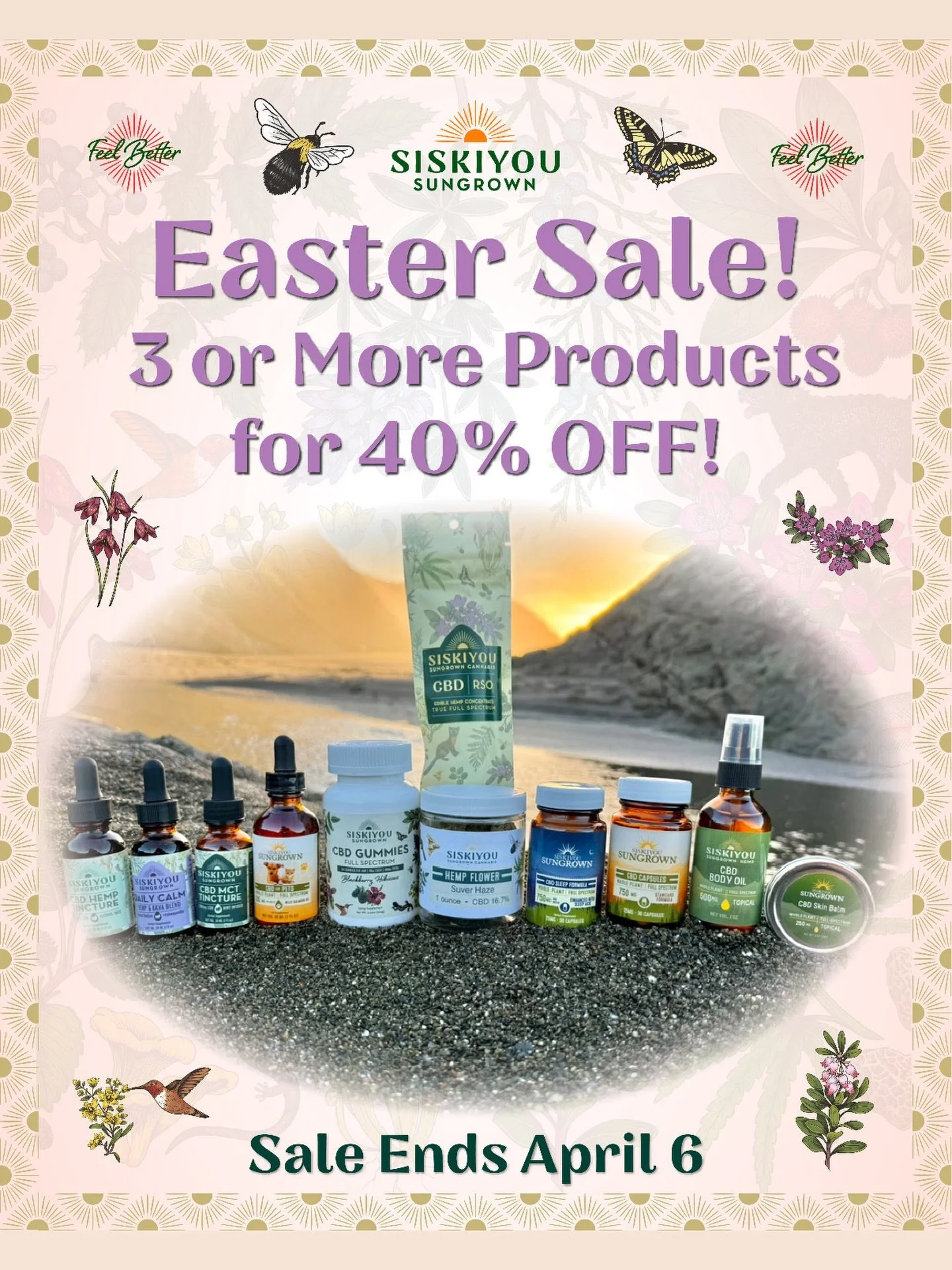 Every spring, the Siskiyou mountains remind us what renewal looks like. New growth pushing through the soil. Light returning to the hills. Life starting again.
We think that deserves a celebration.

40% off any three hemp products, all weekend long. 