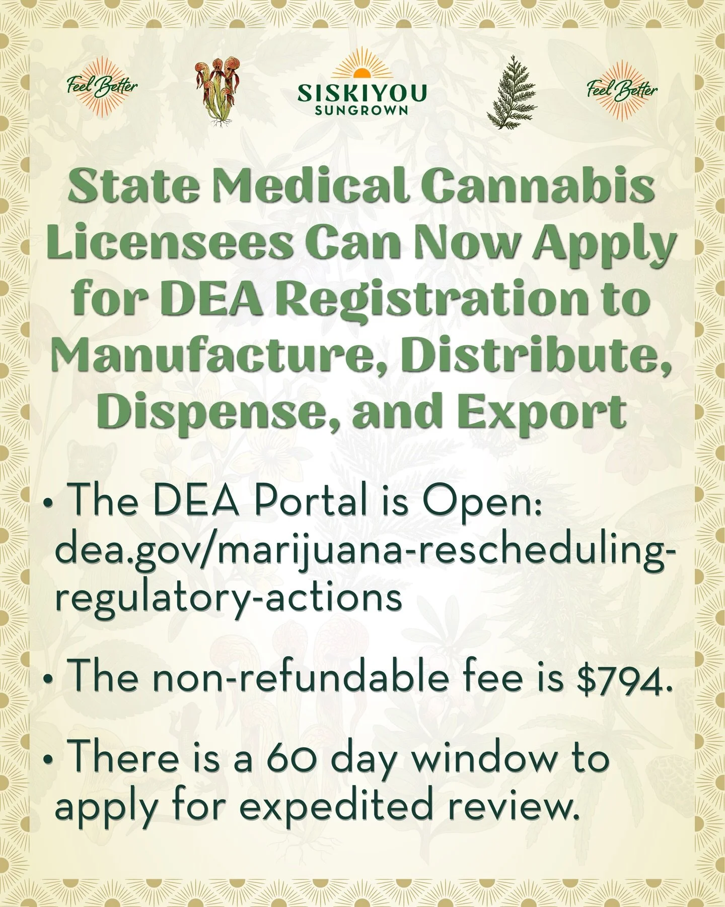 State Medical Cannabis Licensees Can Now Apply for DEA Registration to Manufacture, Distribute, and Dispense Cannabis

The DEA Website Portal is Open: dea.gov/marijuana-rescheduling-regulatory-actions

The non-refundable fee is $794.

There is a 60 d