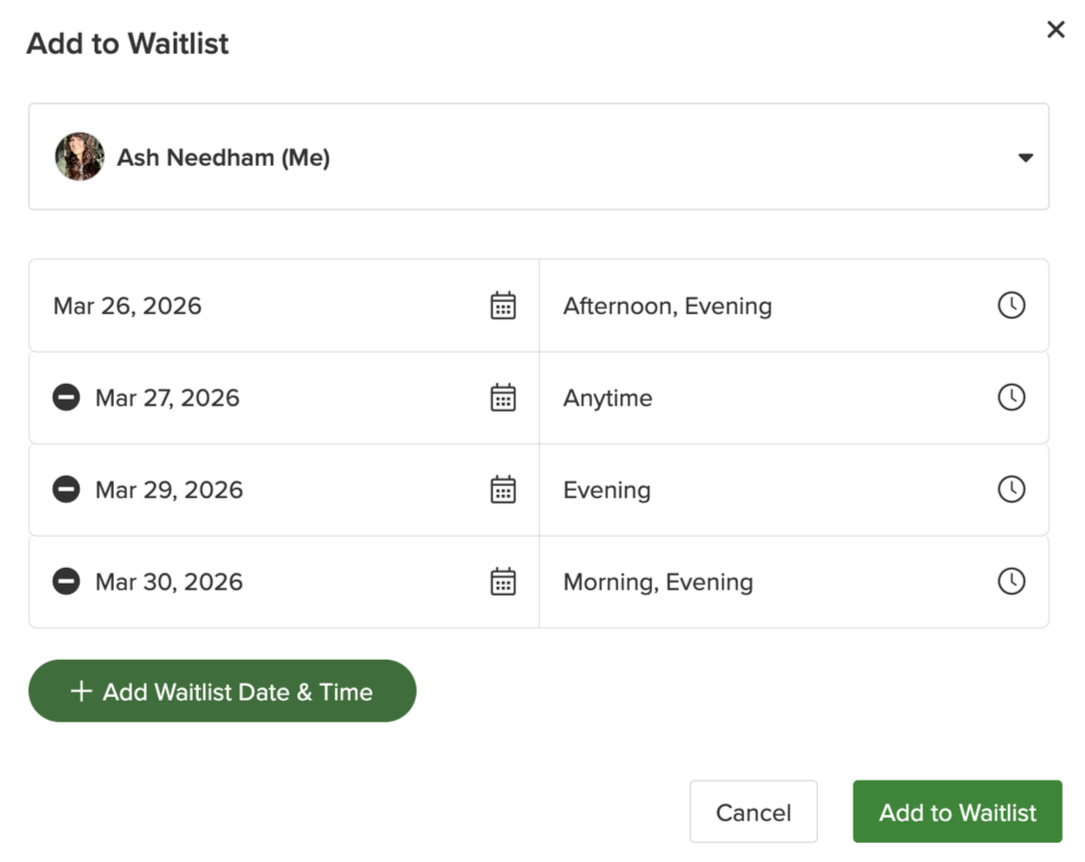 Image depects the waitlist scheduler tool, allowing you to select dates and times for notification when last-minute appointments become available