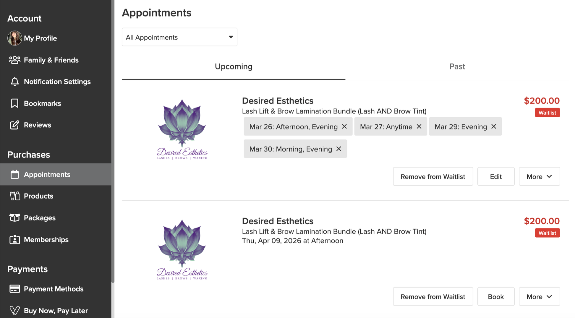 Image of the Vagaro Profile section highlighting the Appointments tab under Purchases showing selected dates and times for the Waitlist with the option to edit and delete