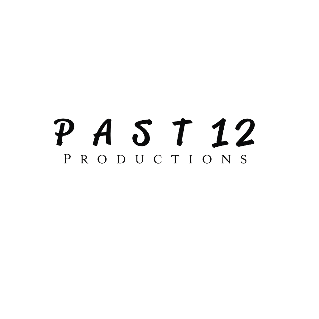 Black logo of PAST 12 PRODUCTIONS with a crown at the top and an abstract figure in the background.