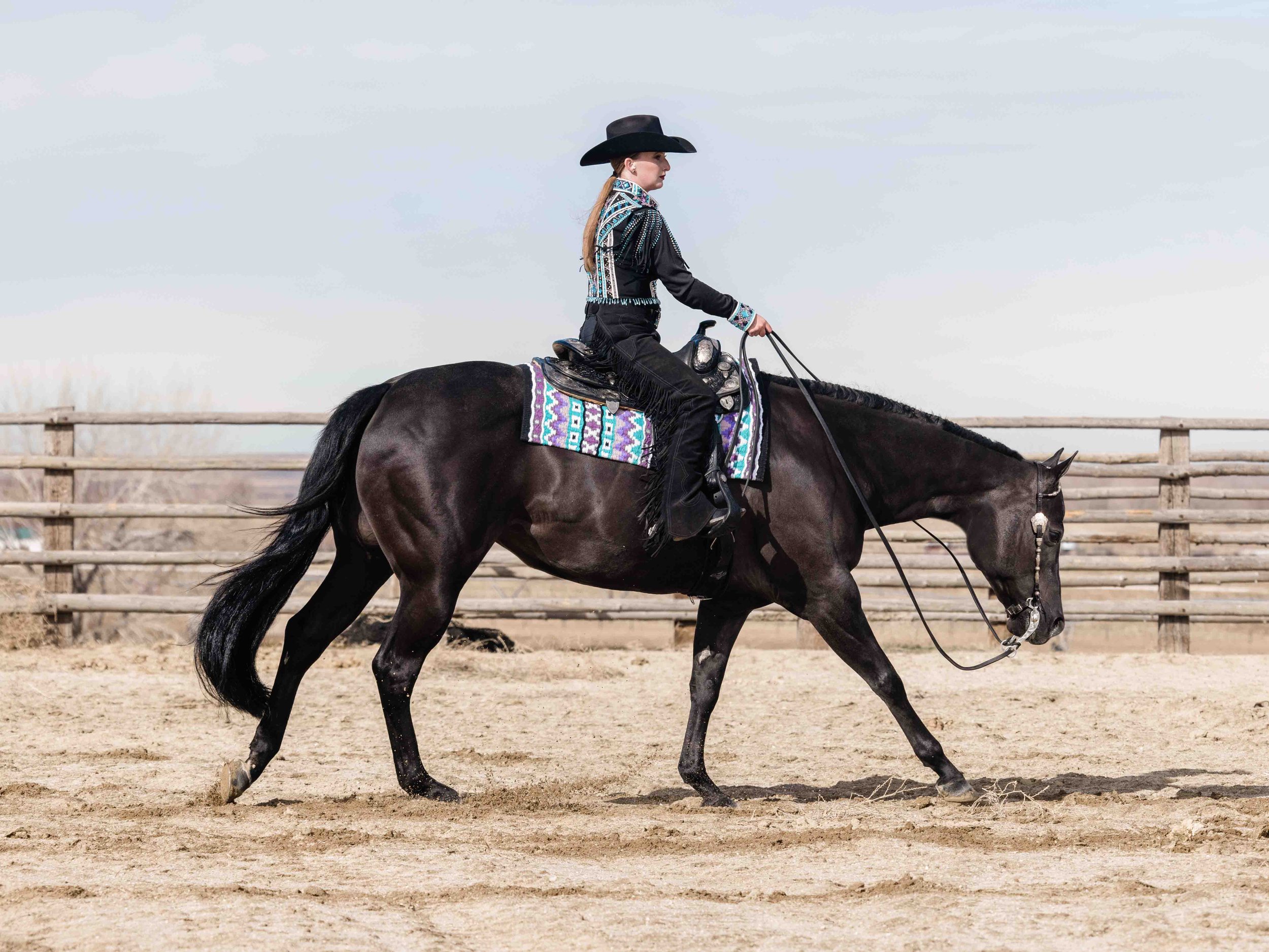 Woman dressed in western attire riding a dark horse in an outdoor riding area with a wooden fence in the background.