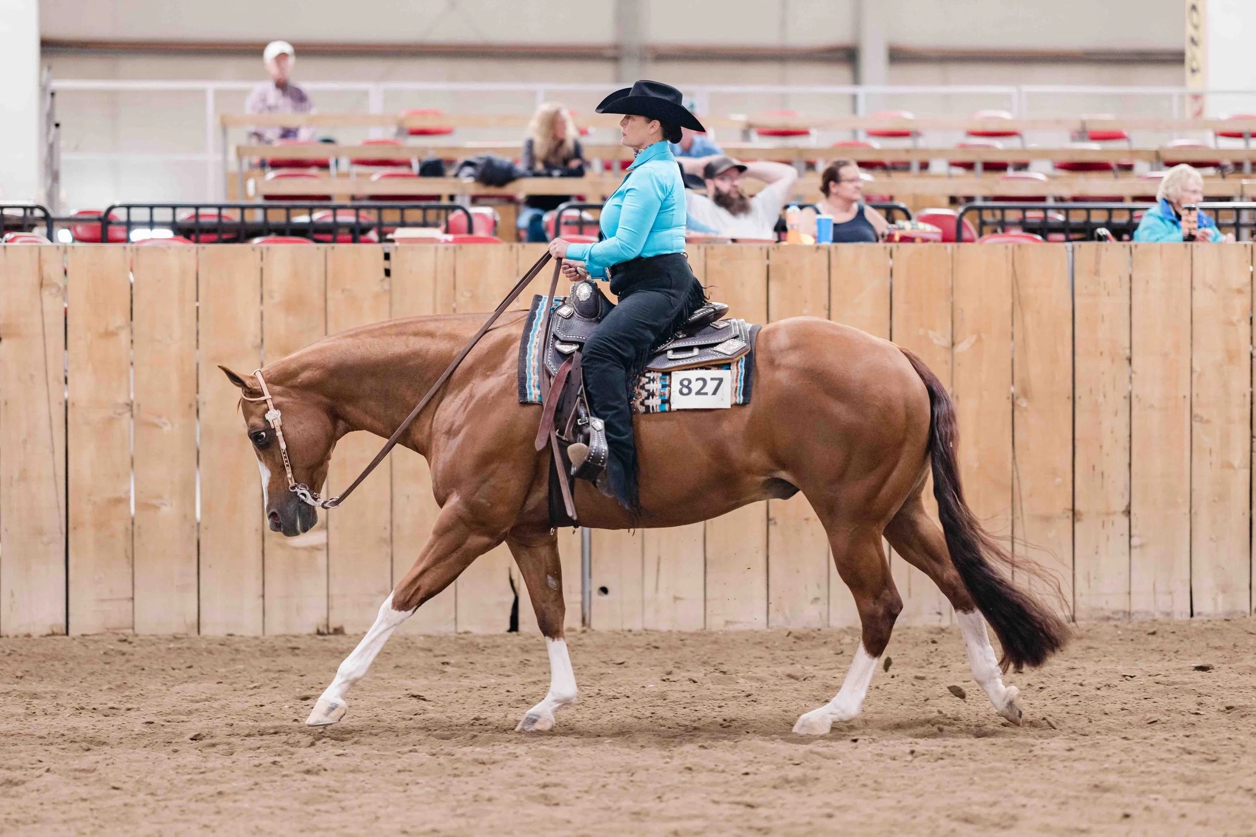 A woman in a cowboy hat and blue shirt riding a horse inside an arena with a wooden fence and spectators sitting in seats behind them.
