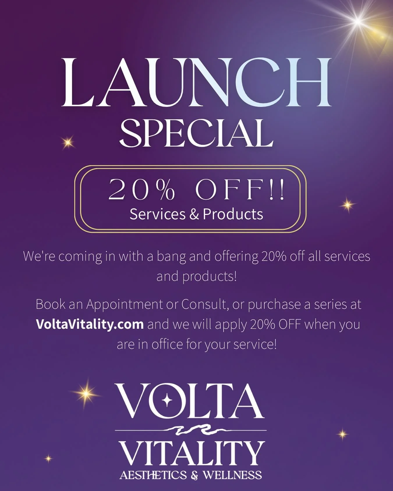 ✨ Hello Volta Fam! ✨

We&rsquo;re celebrating our grand opening and all our new services + providers with a special thank-you &mdash; 20% OFF all products and treatments for the next month! ⚡️

That includes packages too which are already discounted 