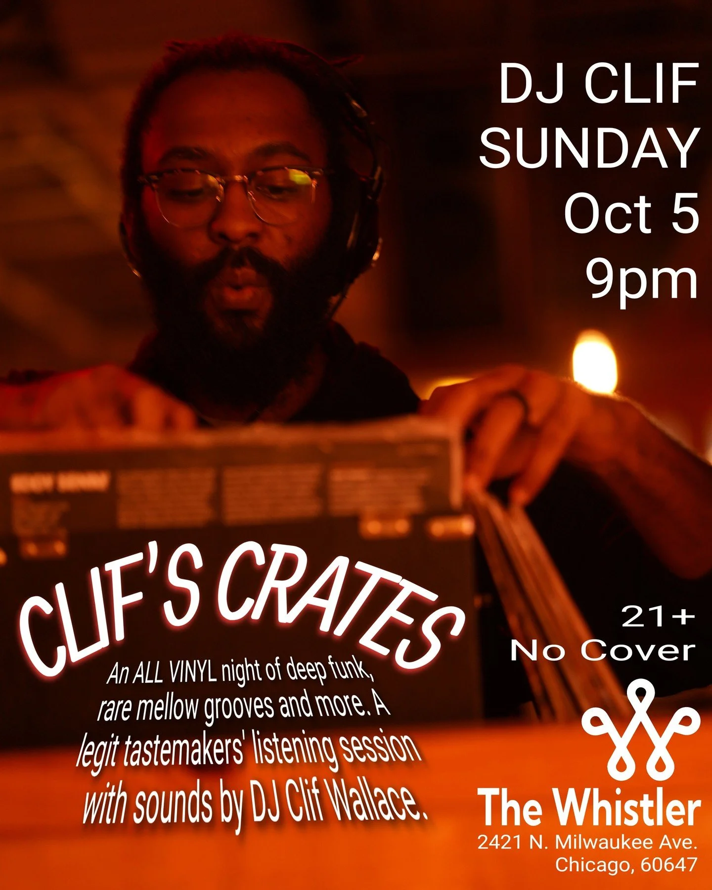 🎶 Clif Wallace (@cwjams) brings the vibes this Sunday, as he curates an all-vinyl night of deep funk, rare grooves and original samples, mixed with just the right touch of classic rock, soul hits and B-sides. Clif's Crates is a true tastemakers list