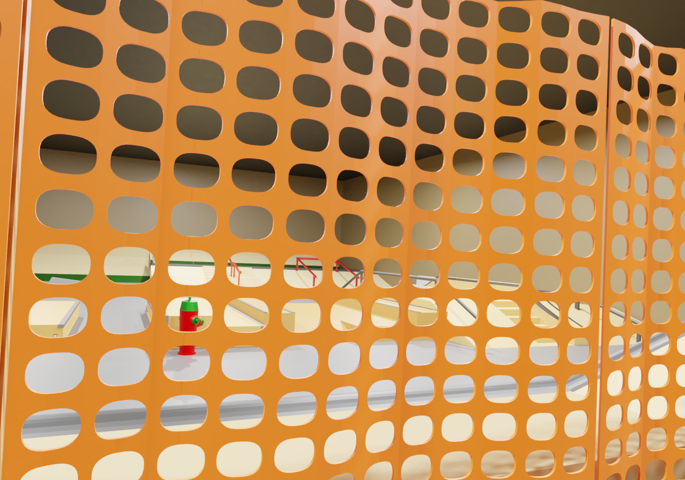 Orange perforated barrier with square and rounded holes. Behind it, a beige staircase with green and black accents, a red handrail, and a green and red fire hydrant are visible.