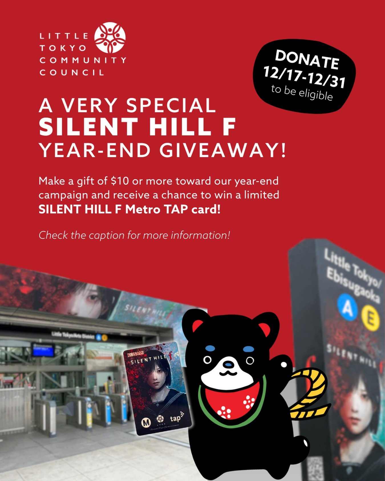 As a nod to our SILENT HILL f launch collaboration with Konami and Metro, we&rsquo;re hosting a

 🎮🩸 VERY SPECIAL SILENT HILL f YEAR-END GIVEAWAY 🩸🎮

Make a $10+ donation to our year-end campaign for a chance to win a limited SILENT HILL f Metro 
