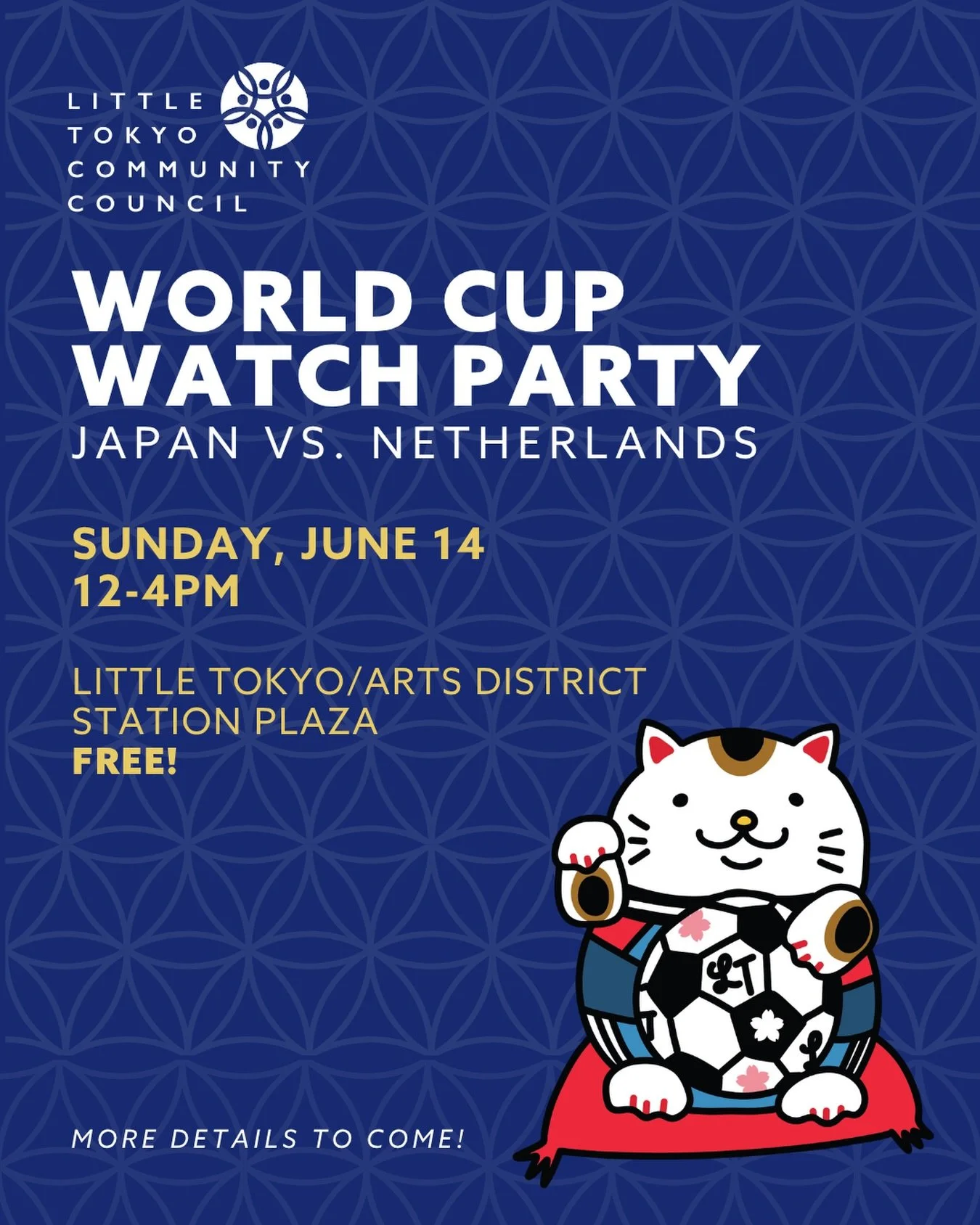 Calling all soccer fans! ⚽

On Sunday, 6/14, watch the Japan vs. Netherlands World Cup game on the Little Tokyo/Arts District Station Plaza with us! We will be live-streaming the game for FREE starting at 1pm, but join us on the plaza before the game