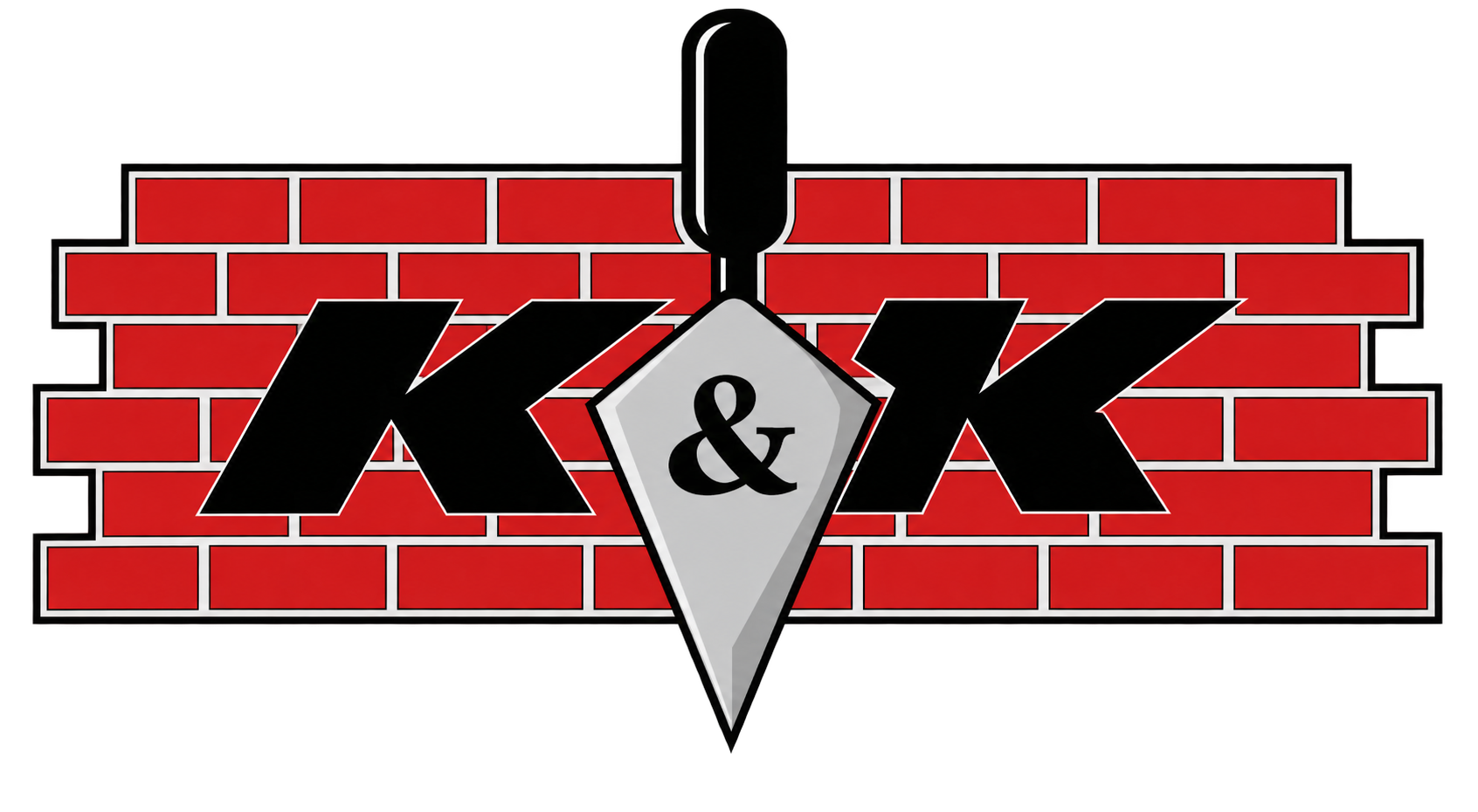 K&K logo with large black letters and a diamond shape in the middle, set against a red brick wall background, with a hanger at the top.